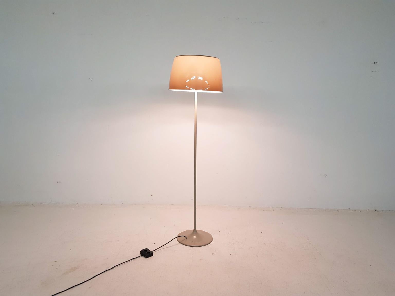 Grey metal foot and a beige plexiglass lamp shade.
1 bulb at the top 4 under the lamp shade. Lights can be switched on separately.
Some scratches on the pexiglass lamp shade.
Measures: Height 150 cm
Diameter 43 cm.