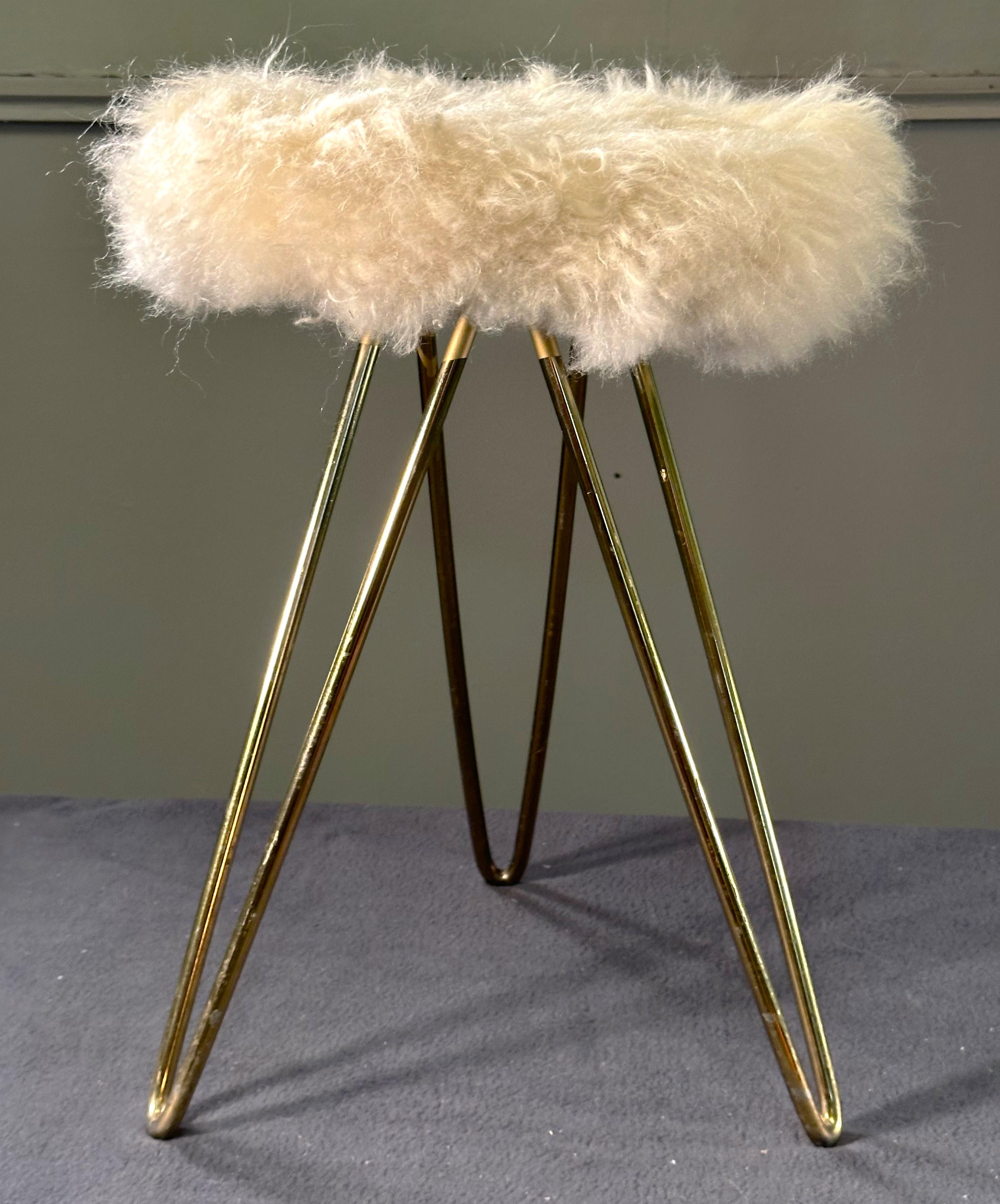 Mid-Century Hairpin Legs Fur Stool, 1950s, France For Sale 4