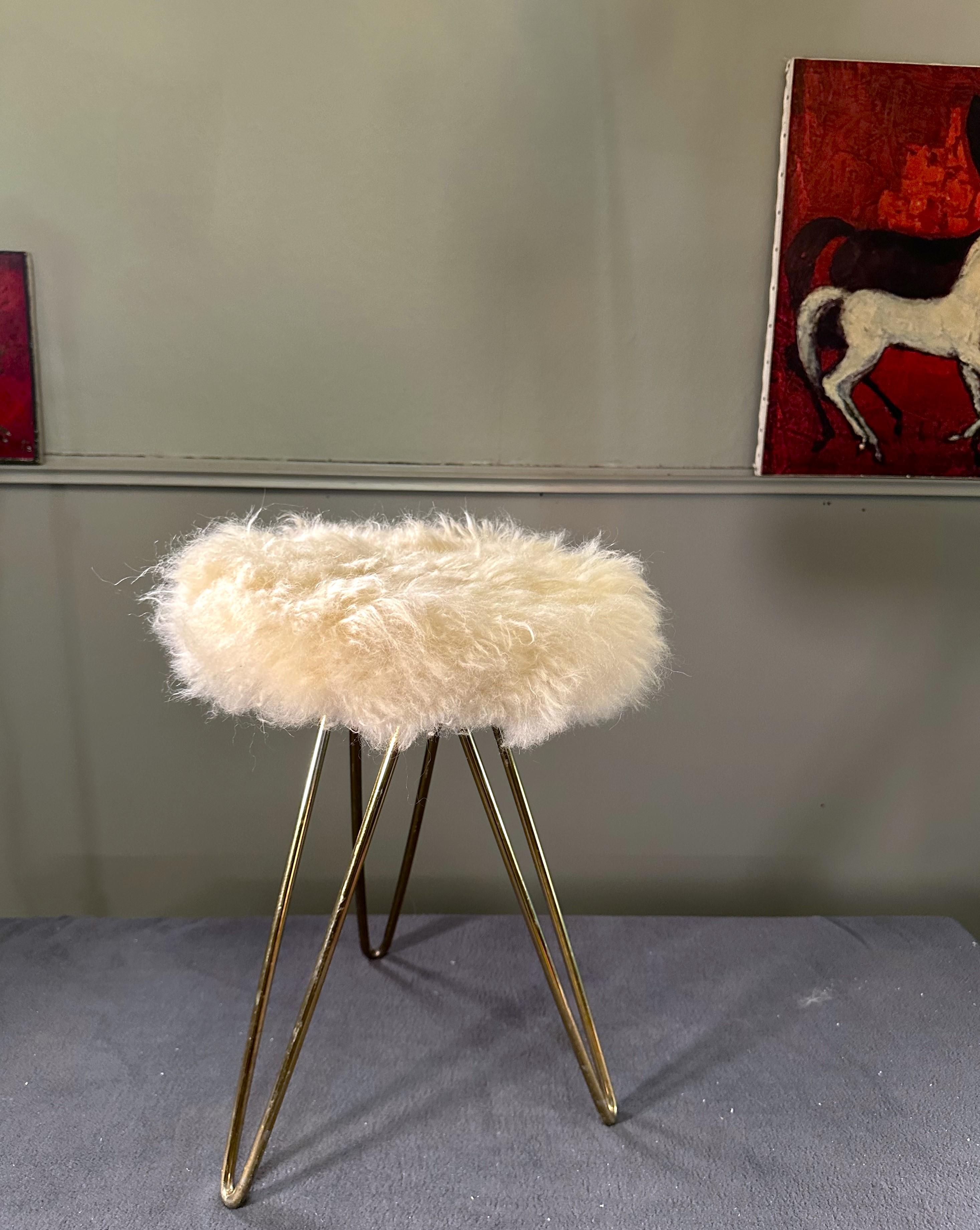 French Mid-Century Hairpin Legs Fur Stool, 1950s, France For Sale