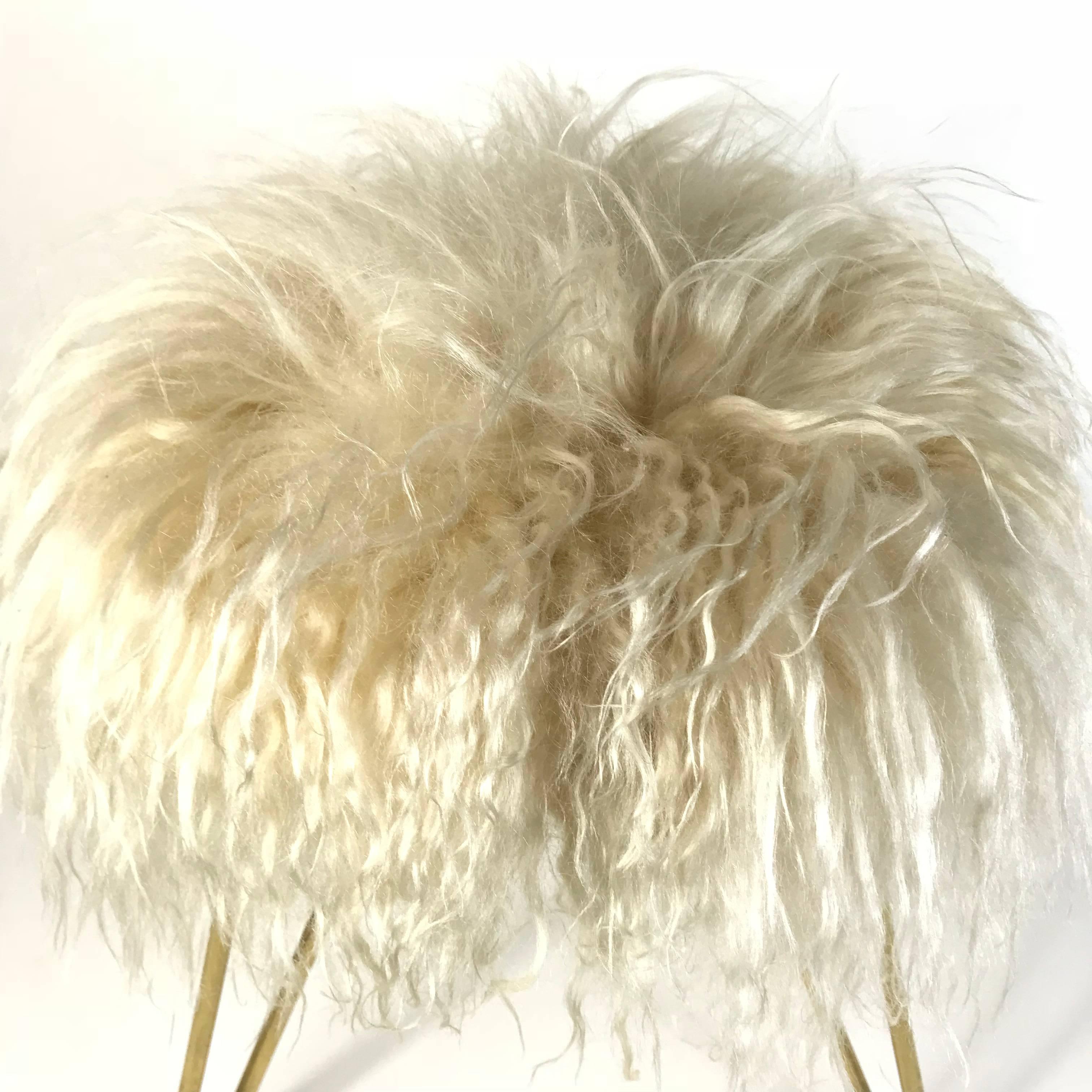 French Mid-Century Hairpin Legs Lambswool Fur Stool, 1950s, France