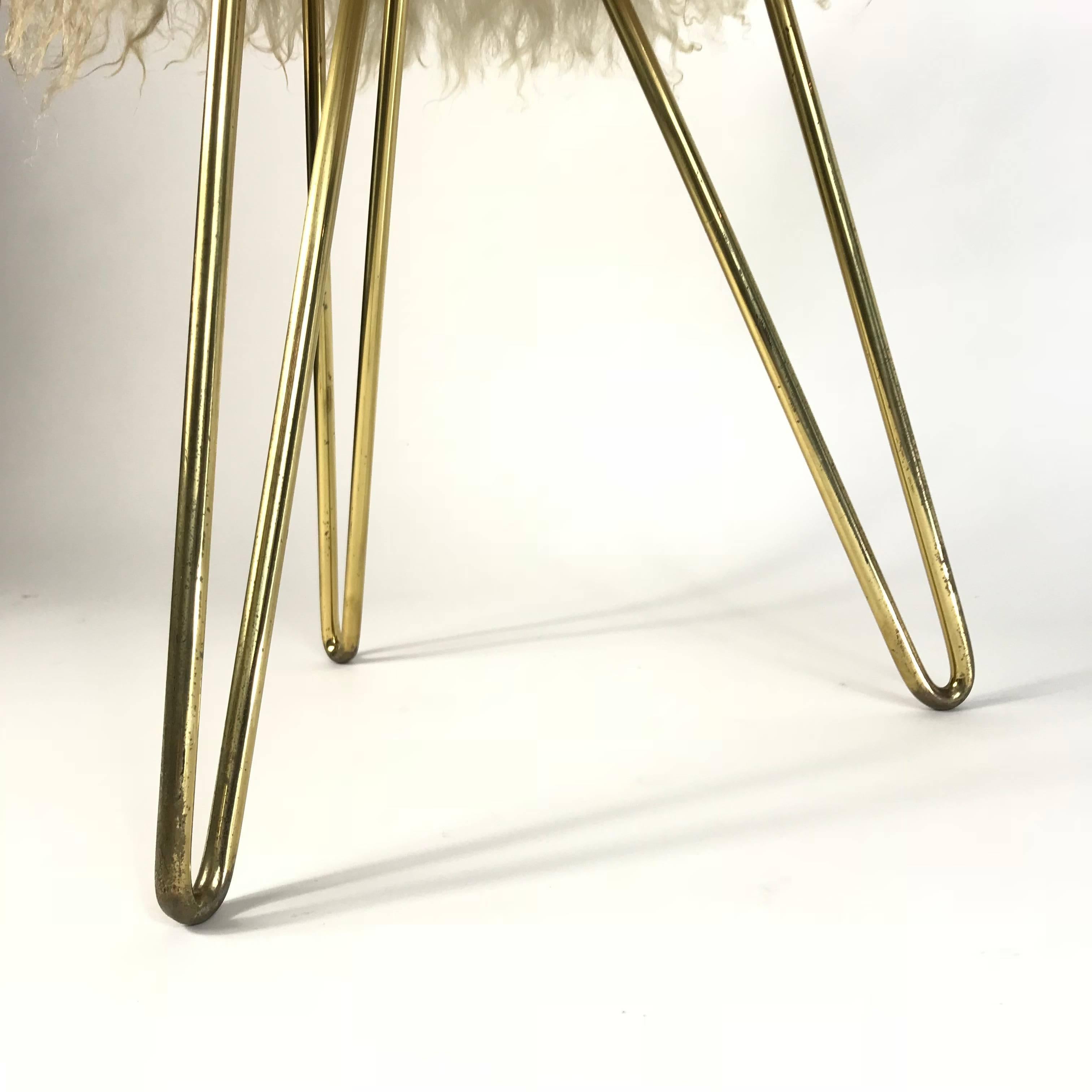 Brass Mid-Century Hairpin Legs Lambswool Fur Stool, 1950s, France