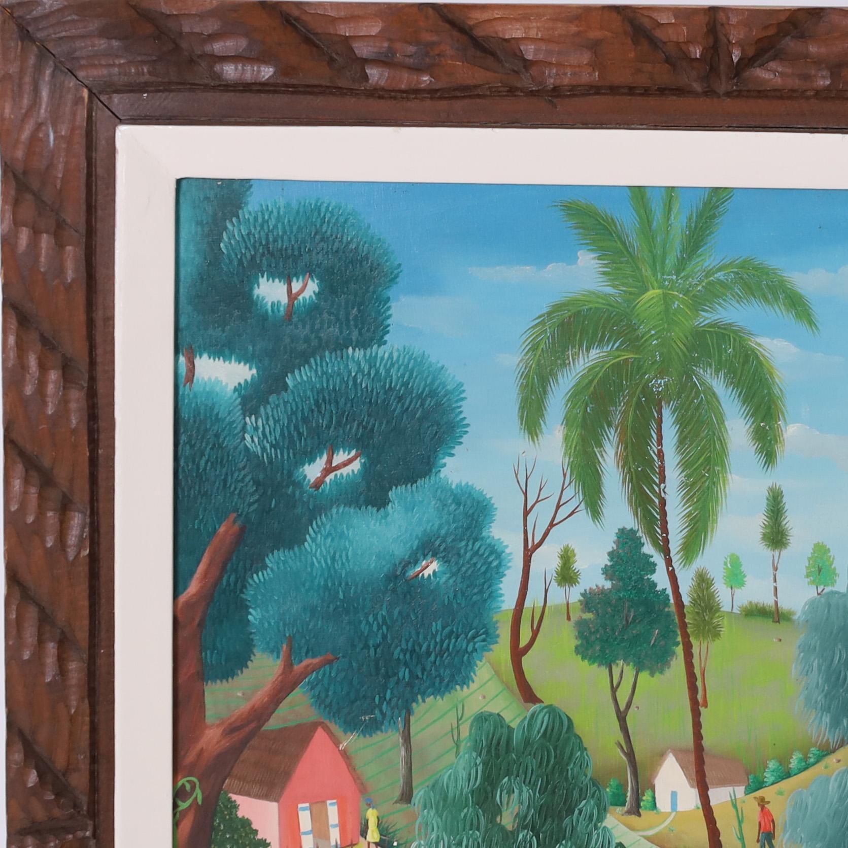 Fanciful vintage Haitian acrylic painting on board depicting an idyllic rural village executed in a playful naive technique. Signed Phiton Latortue and presented in the original carved wood frame.