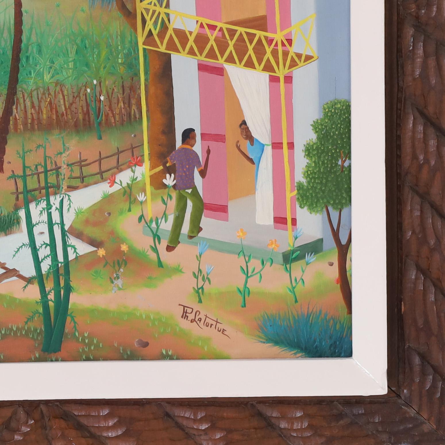 Hand-Painted Mid Century Haitian Painting of a Village For Sale