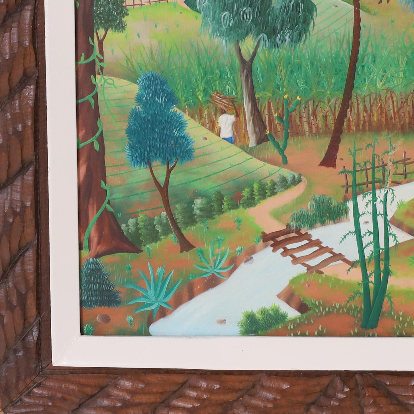 Mid Century Haitian Painting of a Village In Good Condition For Sale In Palm Beach, FL