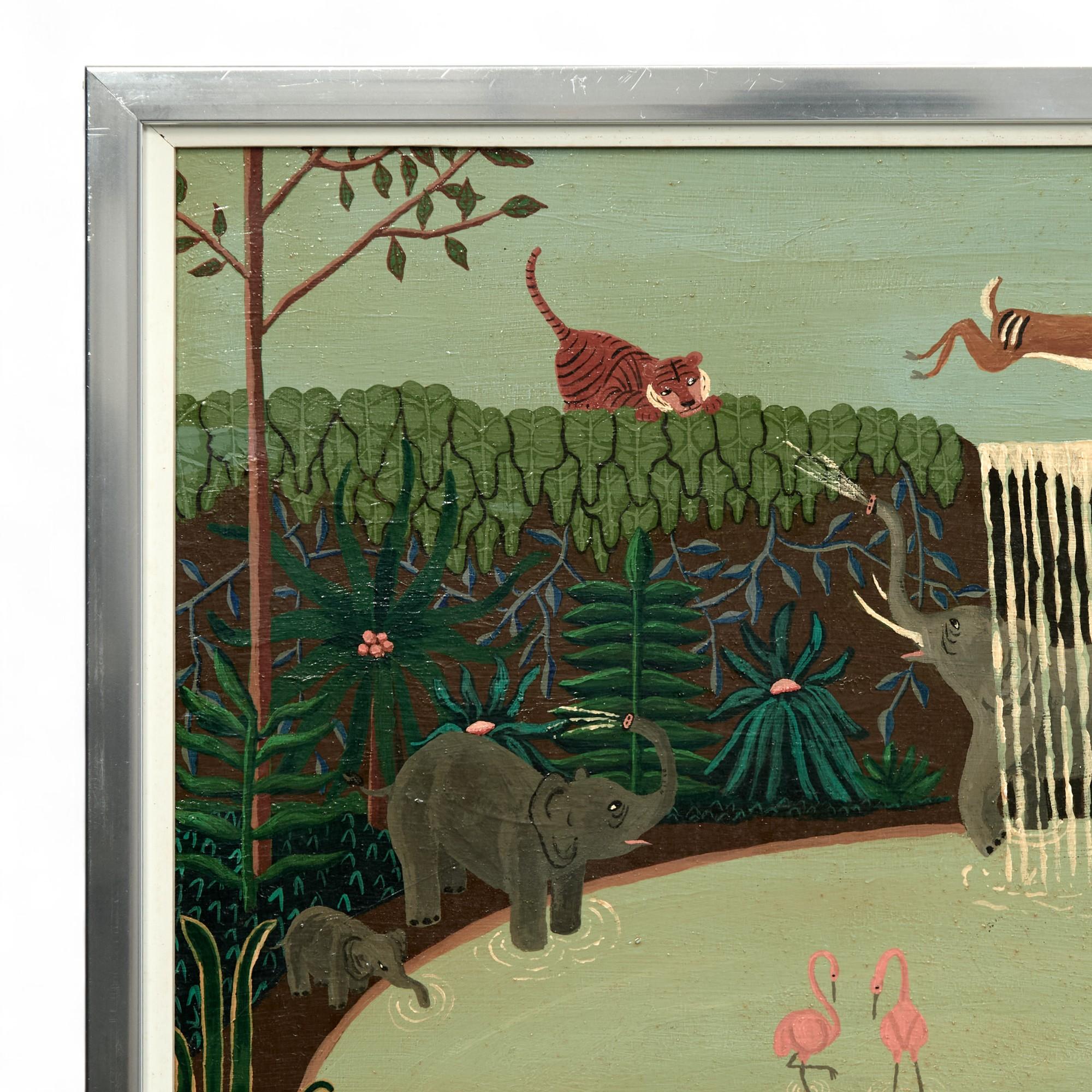 Enchanting vintage Haitian moonlight acrylic painting on board of African animals and figures at a pond with a waterfall, flowers, and trees. Executed in a distinctive naive style, signed in the lower right Kip and presented in an aluminum frame. 