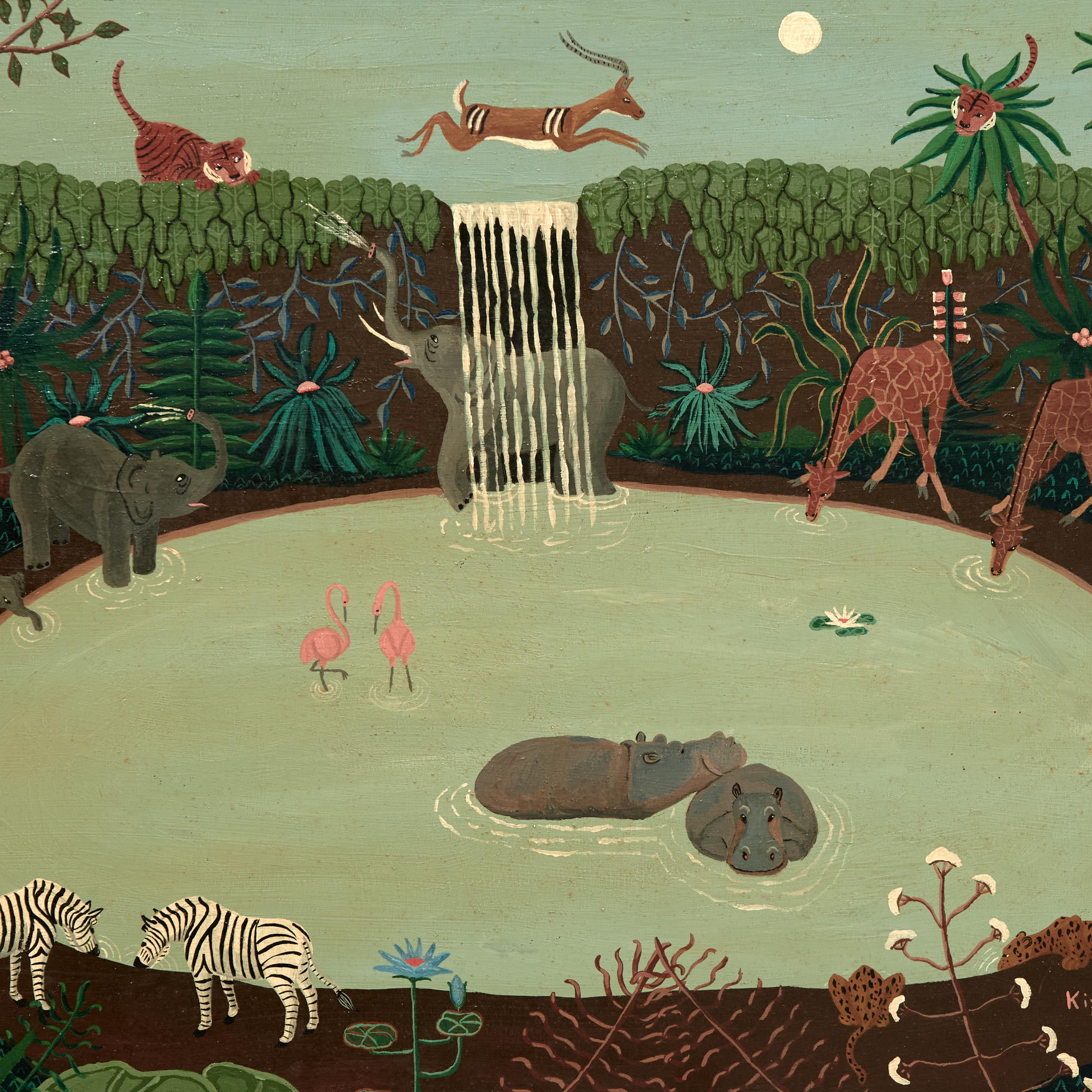Mid-Century Modern Mid Century Haitian Painting of Animals at a Pond in the Jungle Signed Kip