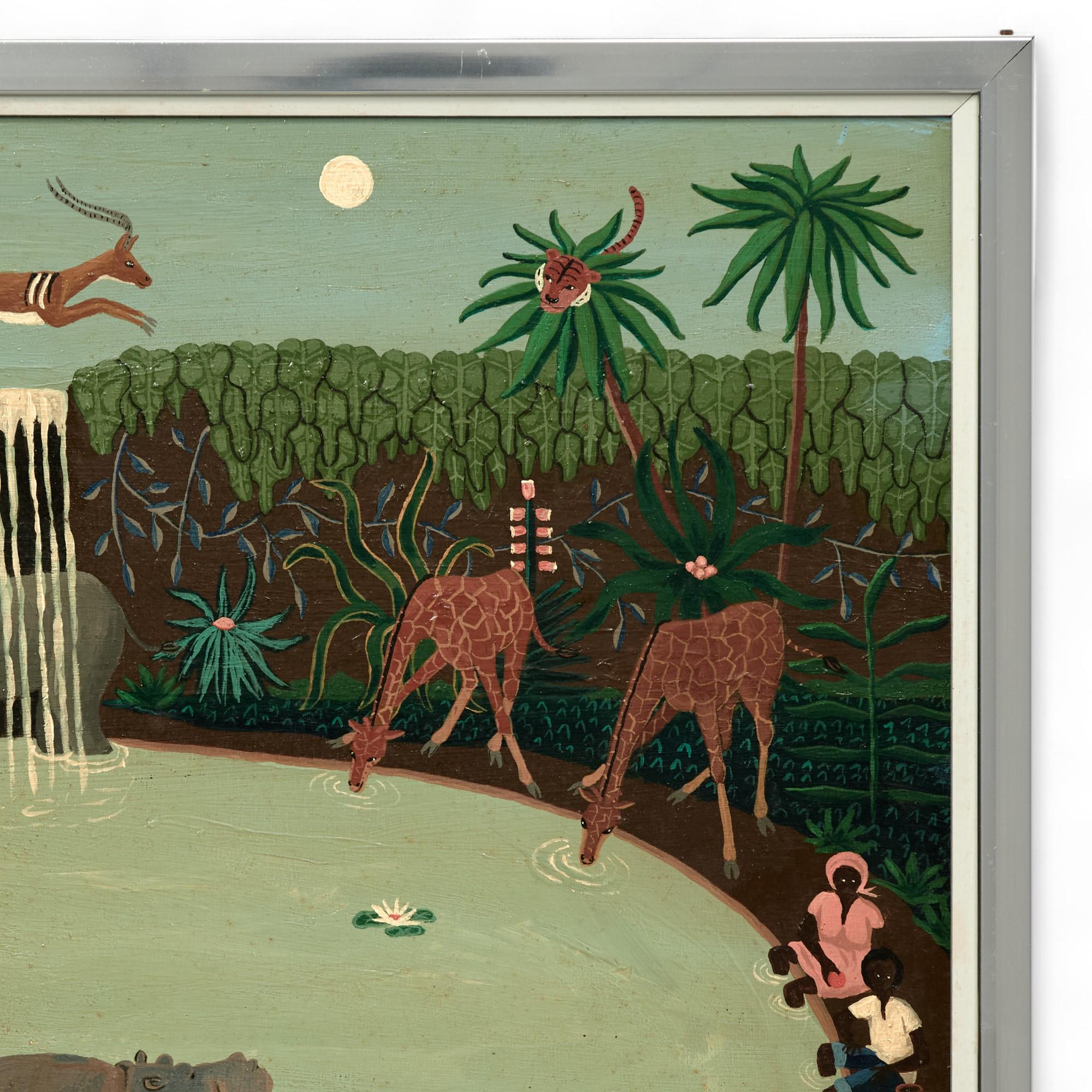 Hand-Painted Mid Century Haitian Painting of Animals at a Pond in the Jungle Signed Kip