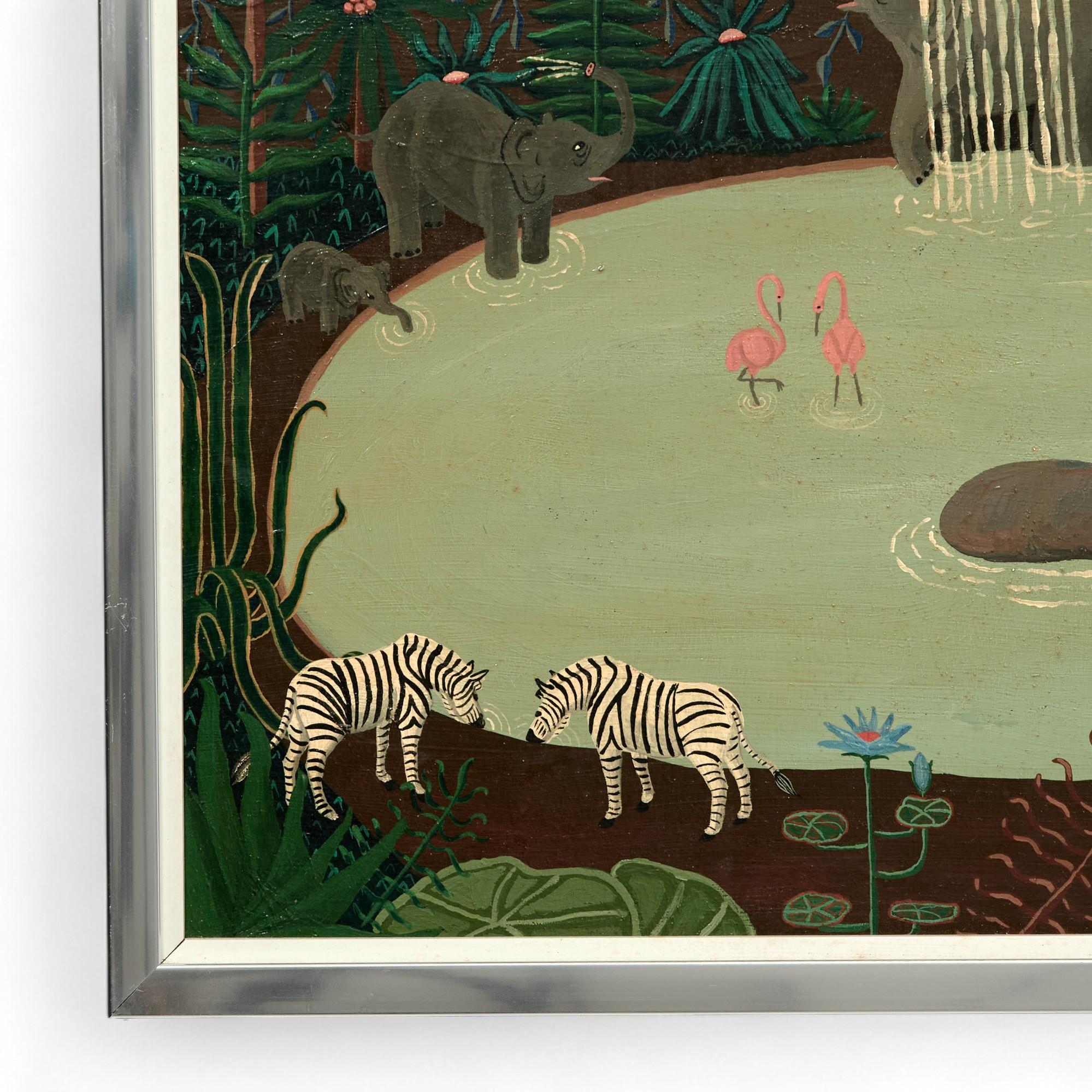 Mid Century Haitian Painting of Animals at a Pond in the Jungle Signed Kip In Good Condition In Palm Beach, FL