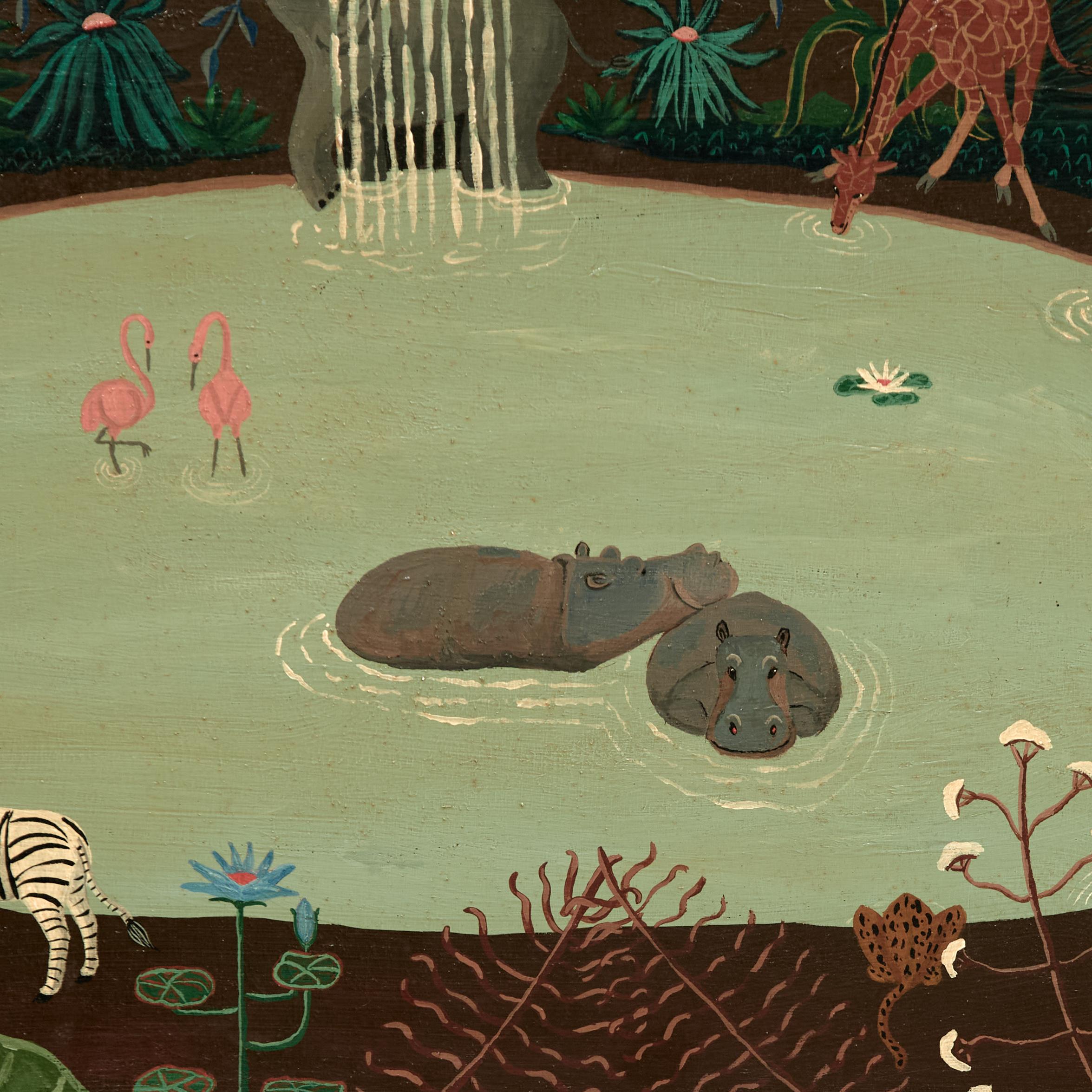 20th Century Mid Century Haitian Painting of Animals at a Pond in the Jungle Signed Kip