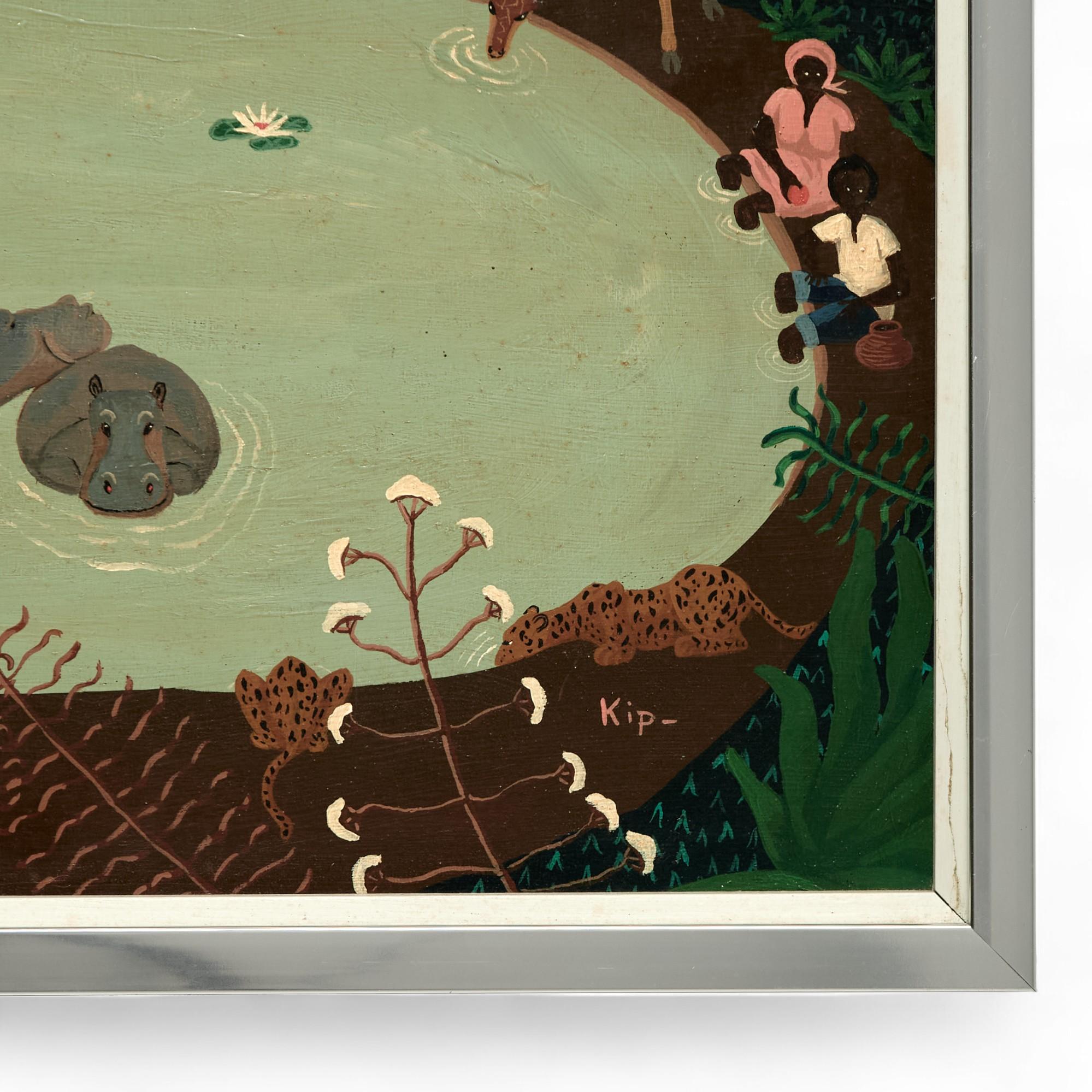 Mid Century Haitian Painting of Animals at a Pond in the Jungle Signed Kip 1