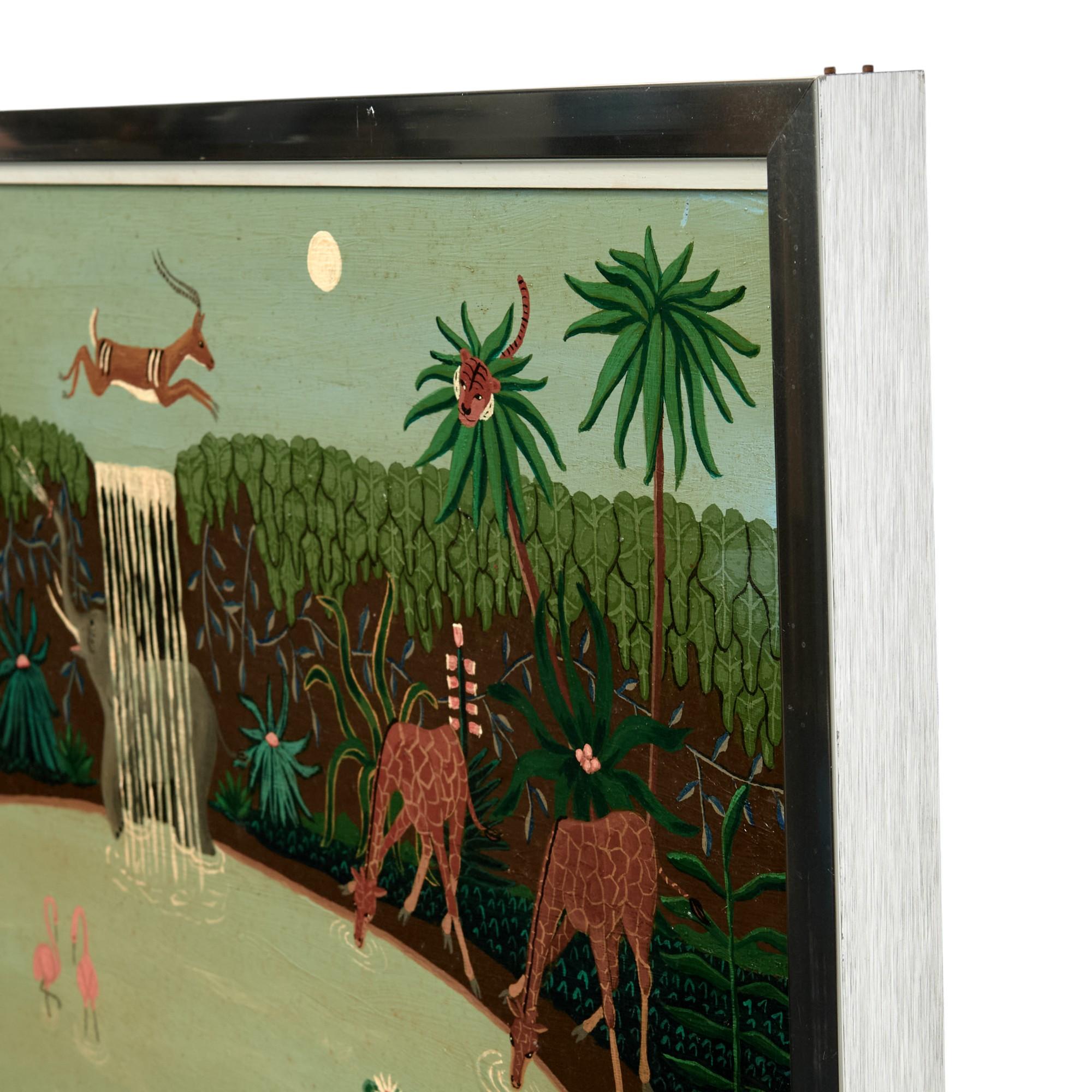 Mid Century Haitian Painting of Animals at a Pond in the Jungle Signed Kip 3