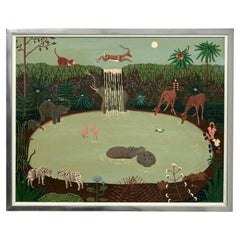 Mid Century Haitian Painting of Animals at a Pond in the Jungle Signed Kip