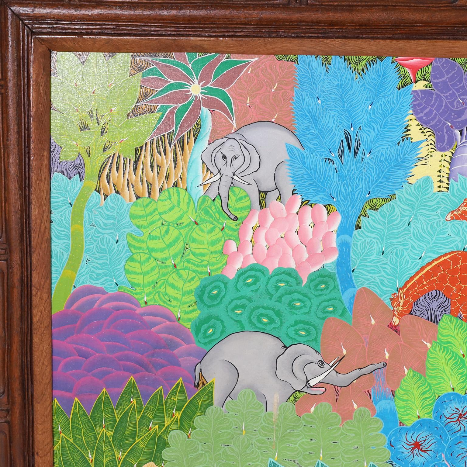 Remarquable peinture acrylique haïtienne vintage sur toile d'animaux africains dans un décor de jungle, exécutée dans un style naïf distinctif. Signé par le célèbre artiste Eustache Loubert et présenté dans son cadre original en acajou.