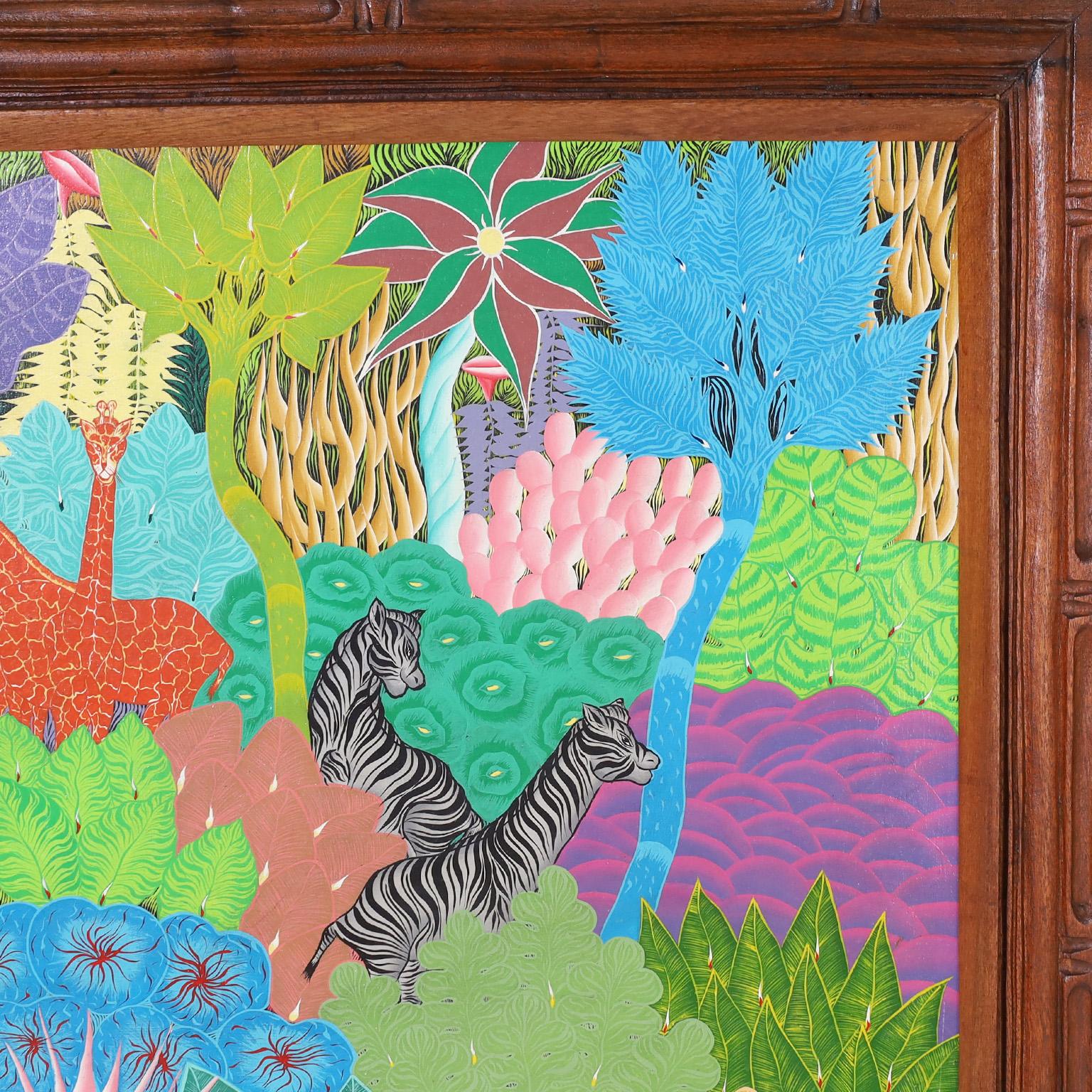 Folk Art Mid-Century Haitian Painting of Animals in a Jungle by Eustache Louber For Sale