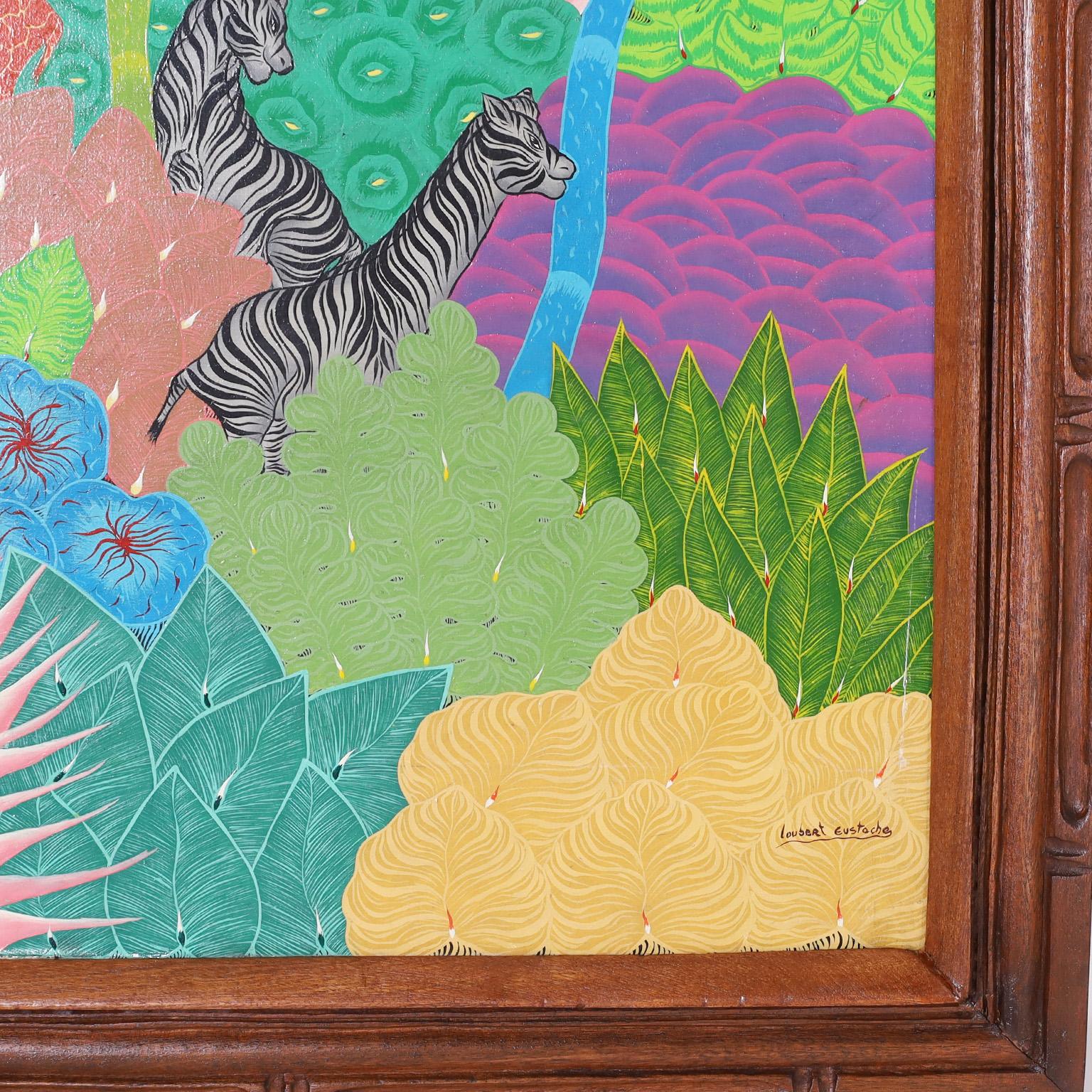 Hand-Painted Mid-Century Haitian Painting of Animals in a Jungle by Eustache Louber For Sale