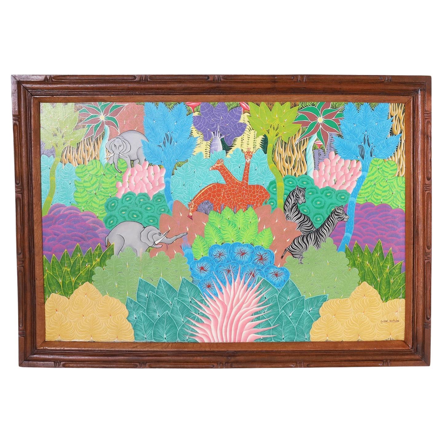 Peinture haïtienne du milieu du siècle représentant des animaux dans une jungle par Eustache Louber en vente