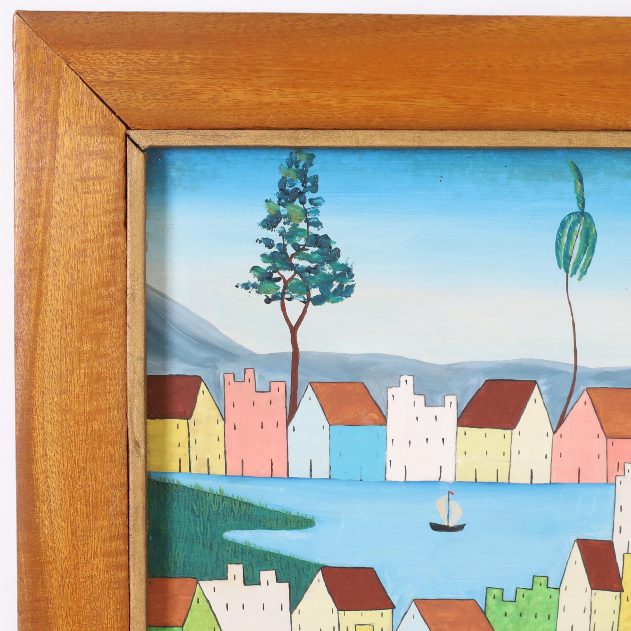 Peinture acrylique haïtienne vintage sur panneau exécutée dans un style moderne minimaliste inhabituel avec des maisons, des arbres et des personnes. Signée E. Abelard et présentée dans un cadre en acajou.