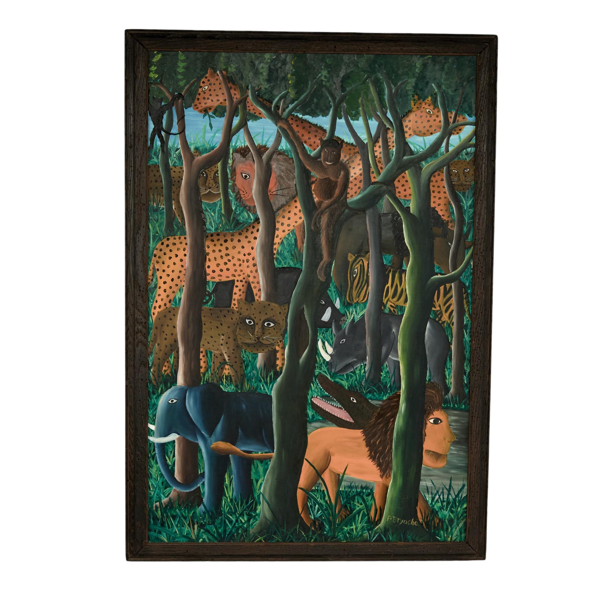 Mid Century Haitian Paintings of Jungle Scenes by Felix Bryoché en venta 2