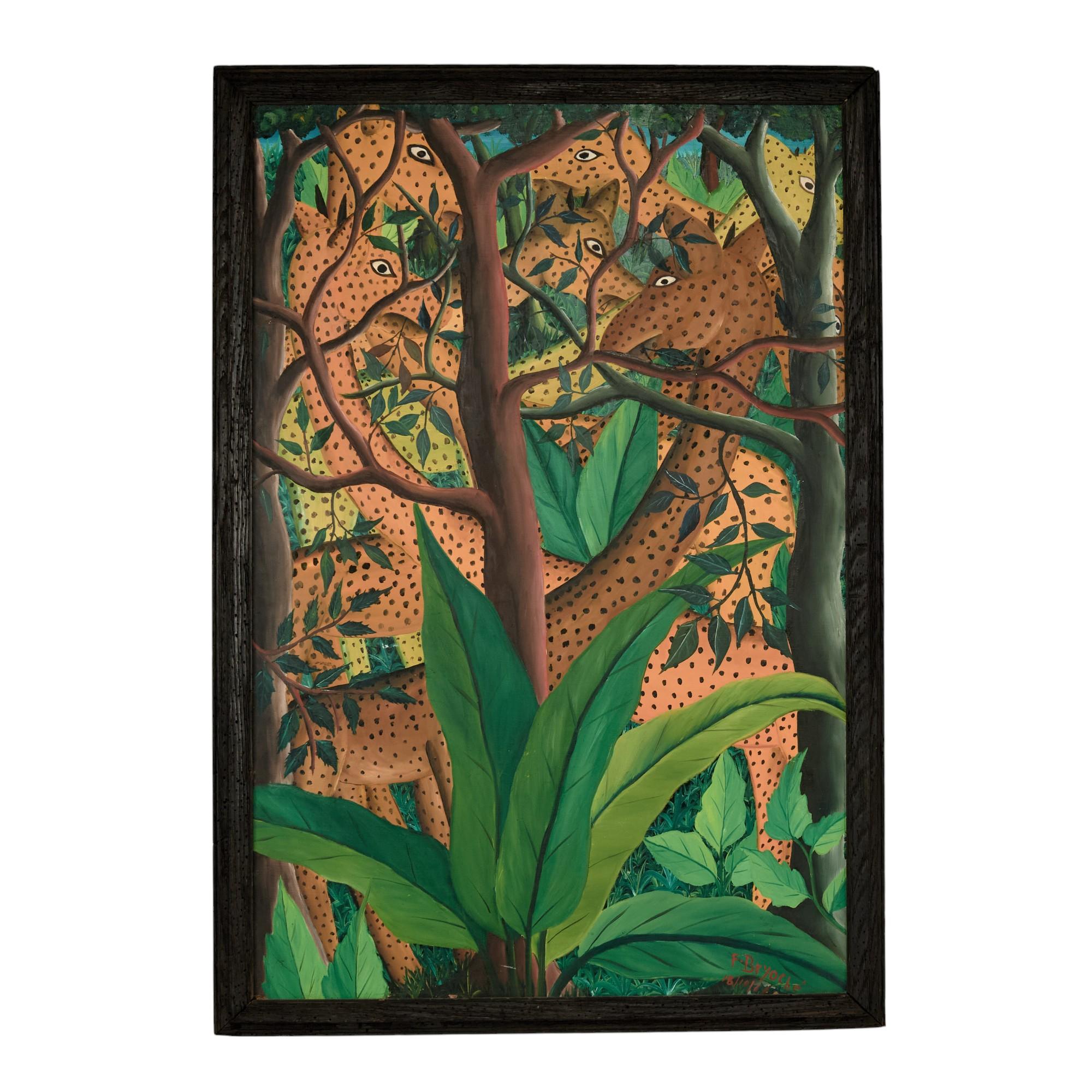 Enchanting vintage acrylic paintings on boards of two jungle scenes with African animals and trees in an eccentric composition executed in a distinctive naive style with a lush powerful palette. Signed Felix Bryoché in the lower rights and presented