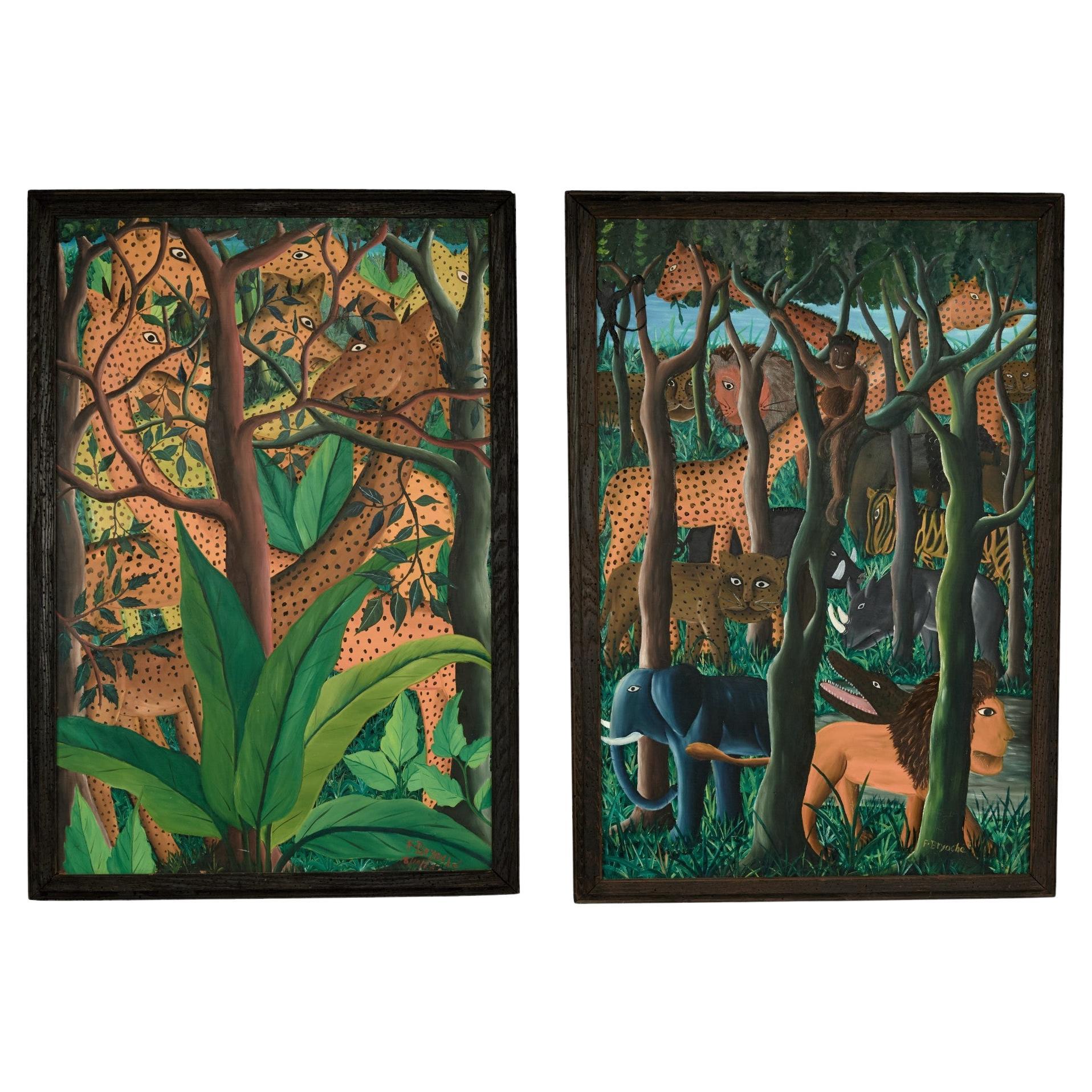 Mid Century Haitian Paintings of Jungle Scenes by Felix Bryoché