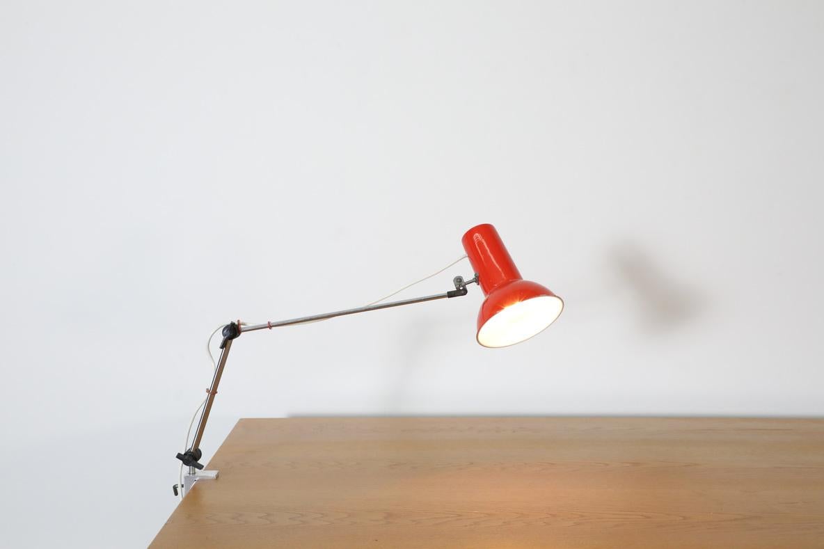 Dutch Mid-Century Hala Style Drafting Clamp-On Light with Red Shade and Chrome Stem For Sale
