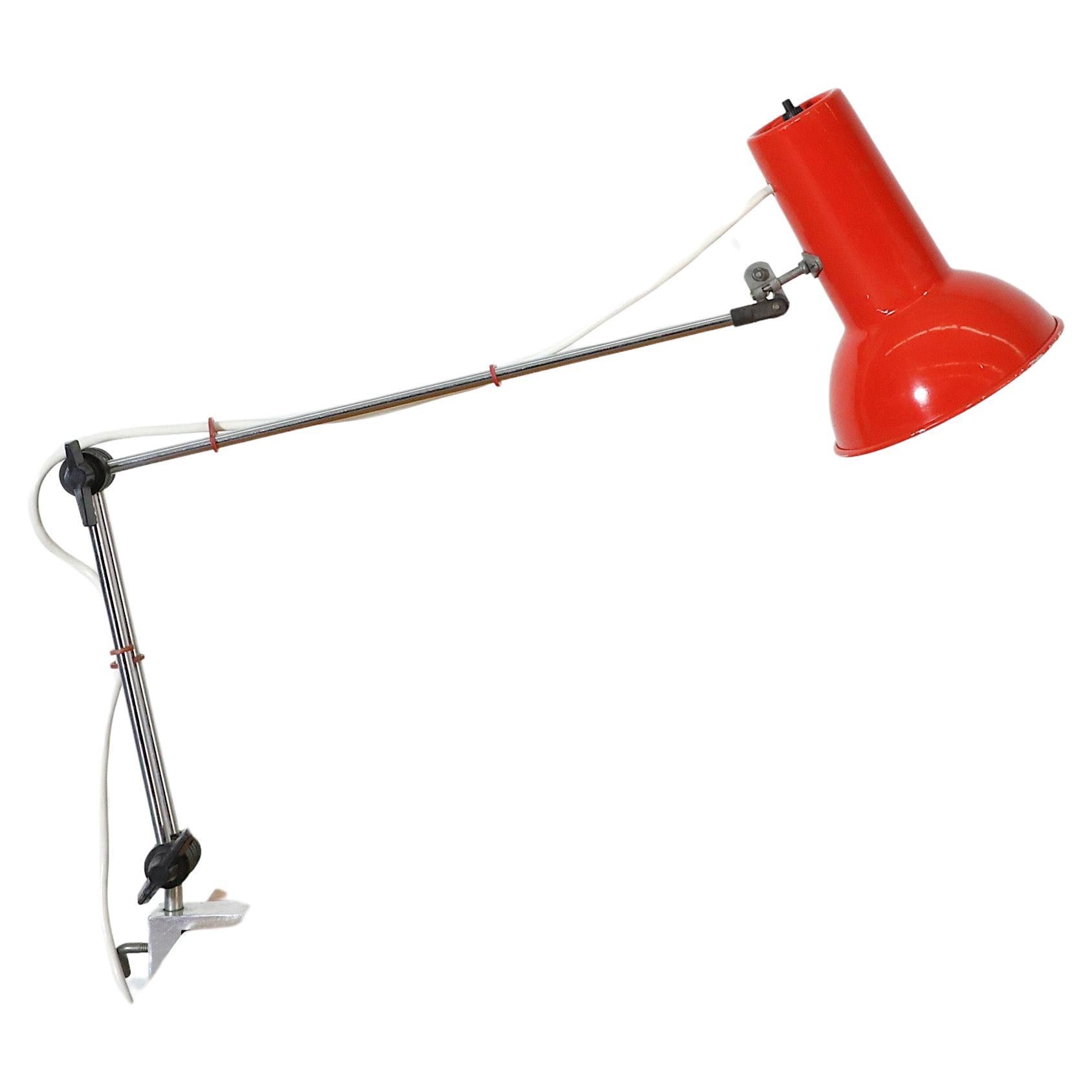 Mid-Century Hala Style Drafting Clamp-On Light with Red Shade and Chrome Stem For Sale