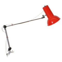 Vintage Mid-Century Hala Style Drafting Clamp-On Light with Red Shade and Chrome Stem