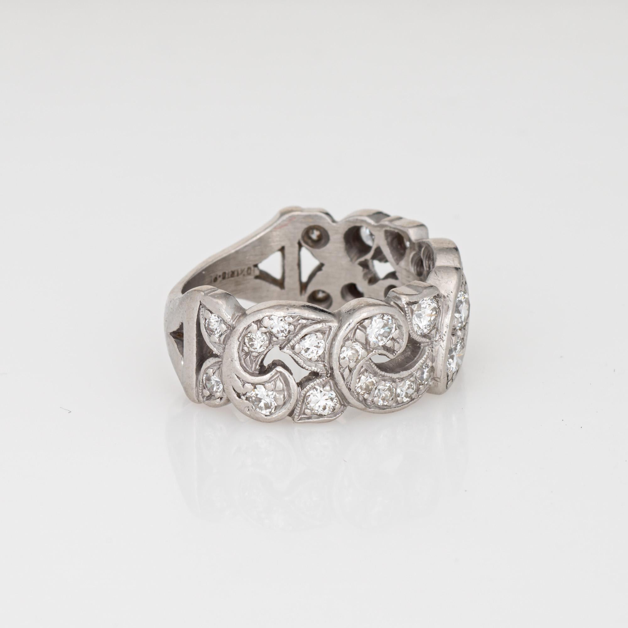 Modern Mid Century Half Diamond Band Scrolled Sz 6.5 Platinum Ring Fine Bridal Jewelry For Sale