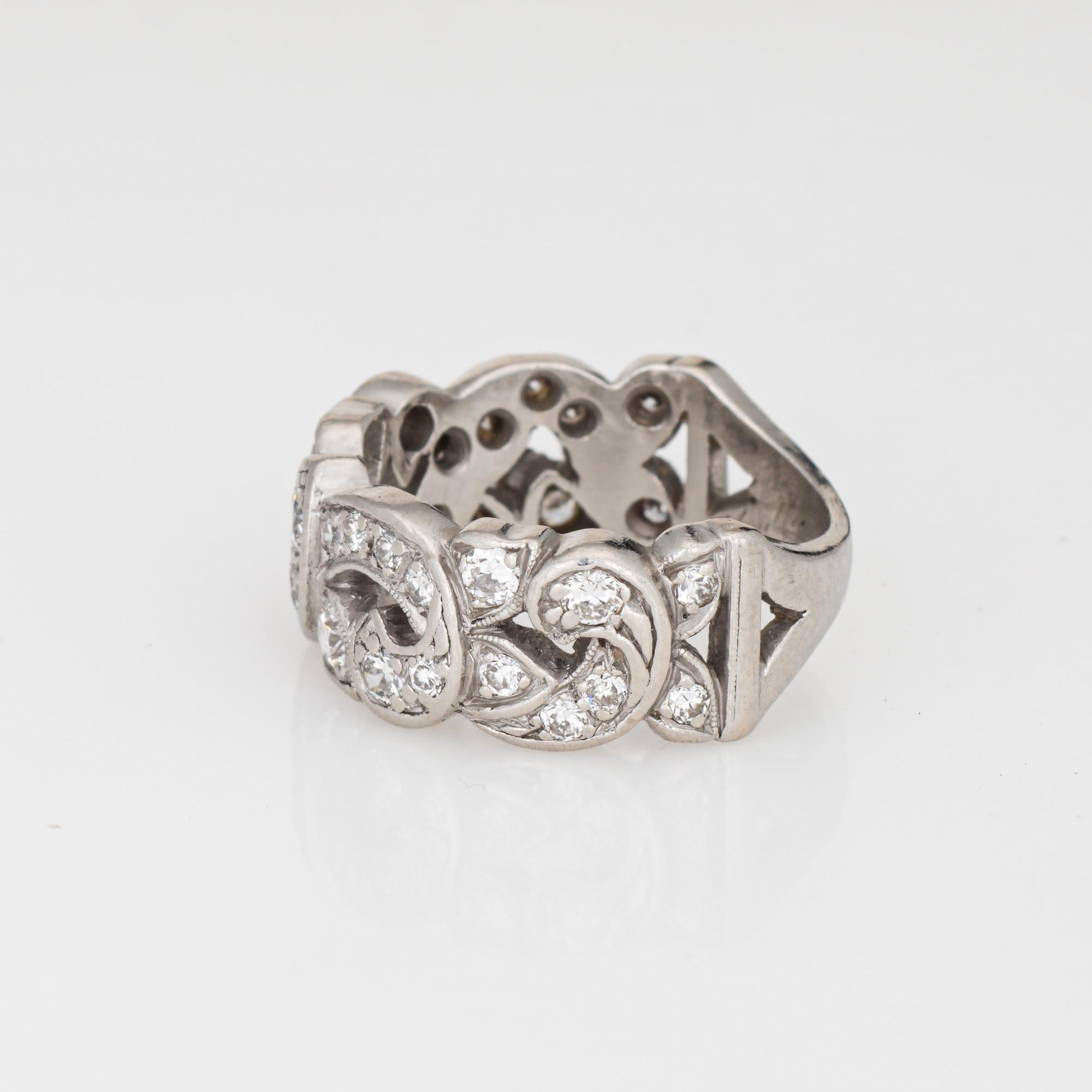 Round Cut Mid Century Half Diamond Band Scrolled Sz 6.5 Platinum Ring Fine Bridal Jewelry For Sale