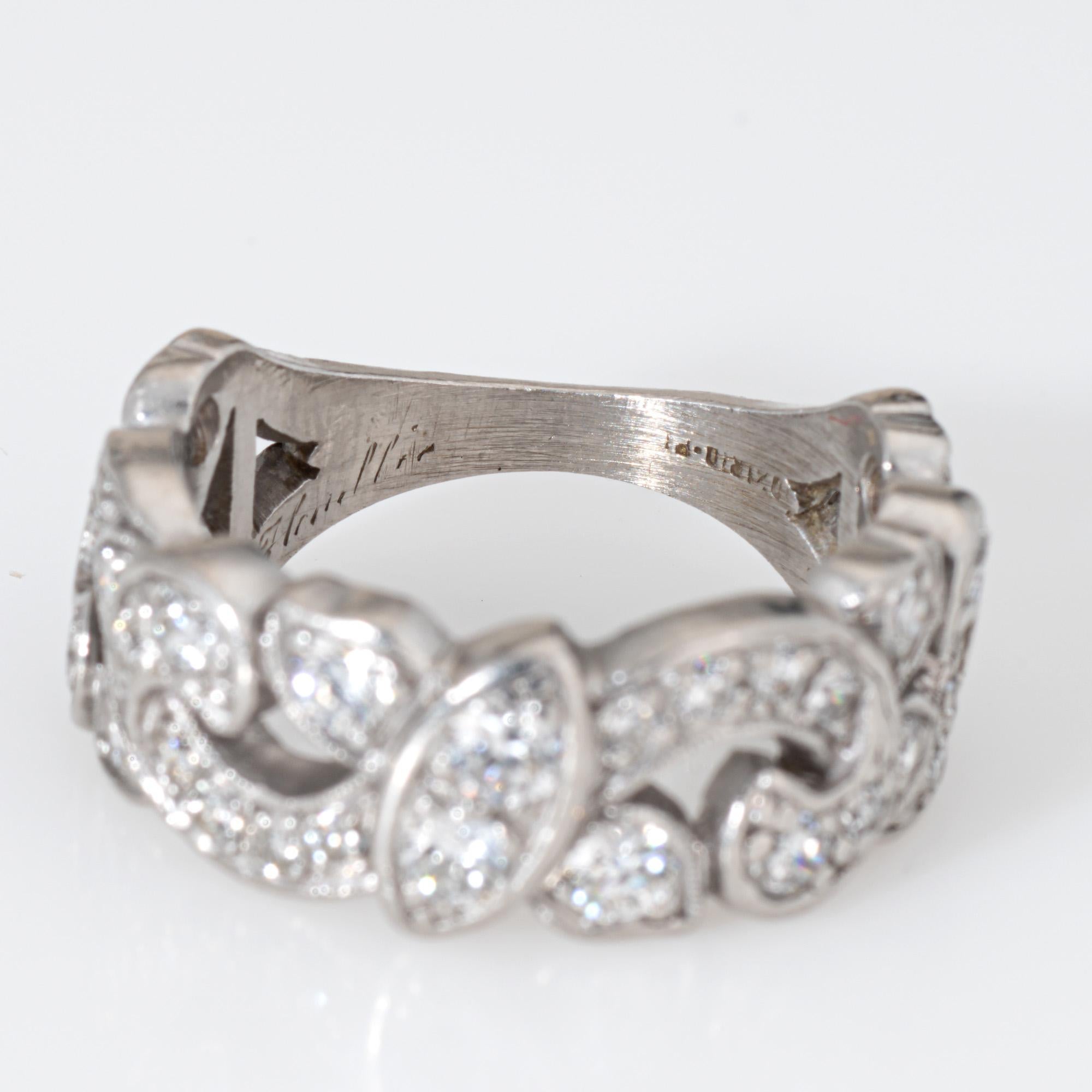 Mid Century Half Diamond Band Scrolled Sz 6.5 Platinum Ring Fine Bridal Jewelry For Sale 1