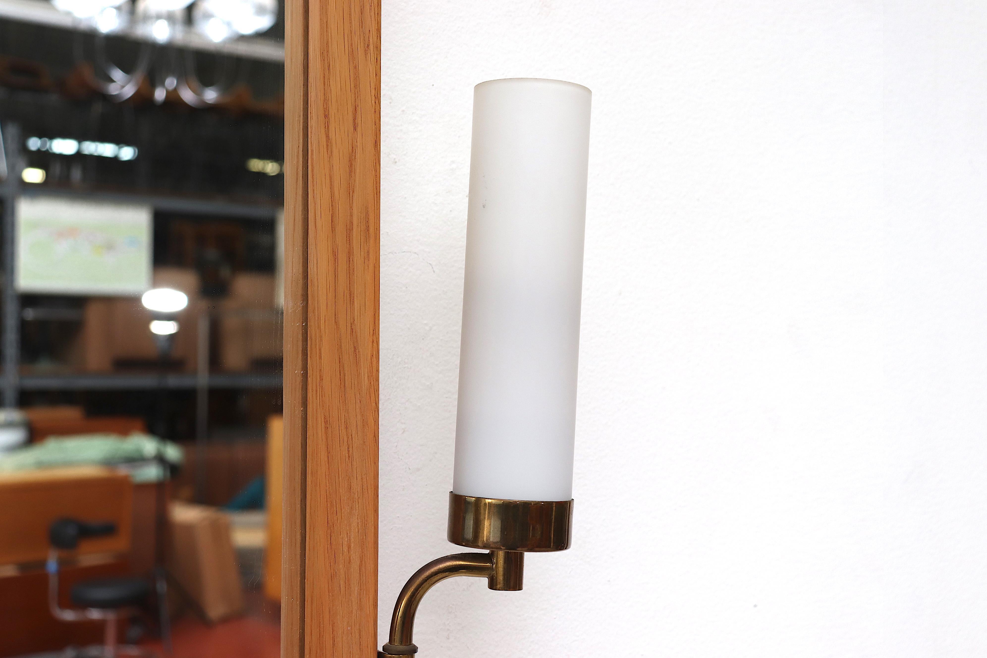 Mid-Century Modern Midcentury Hall Mirror Flanked with Milk Glass Sconces