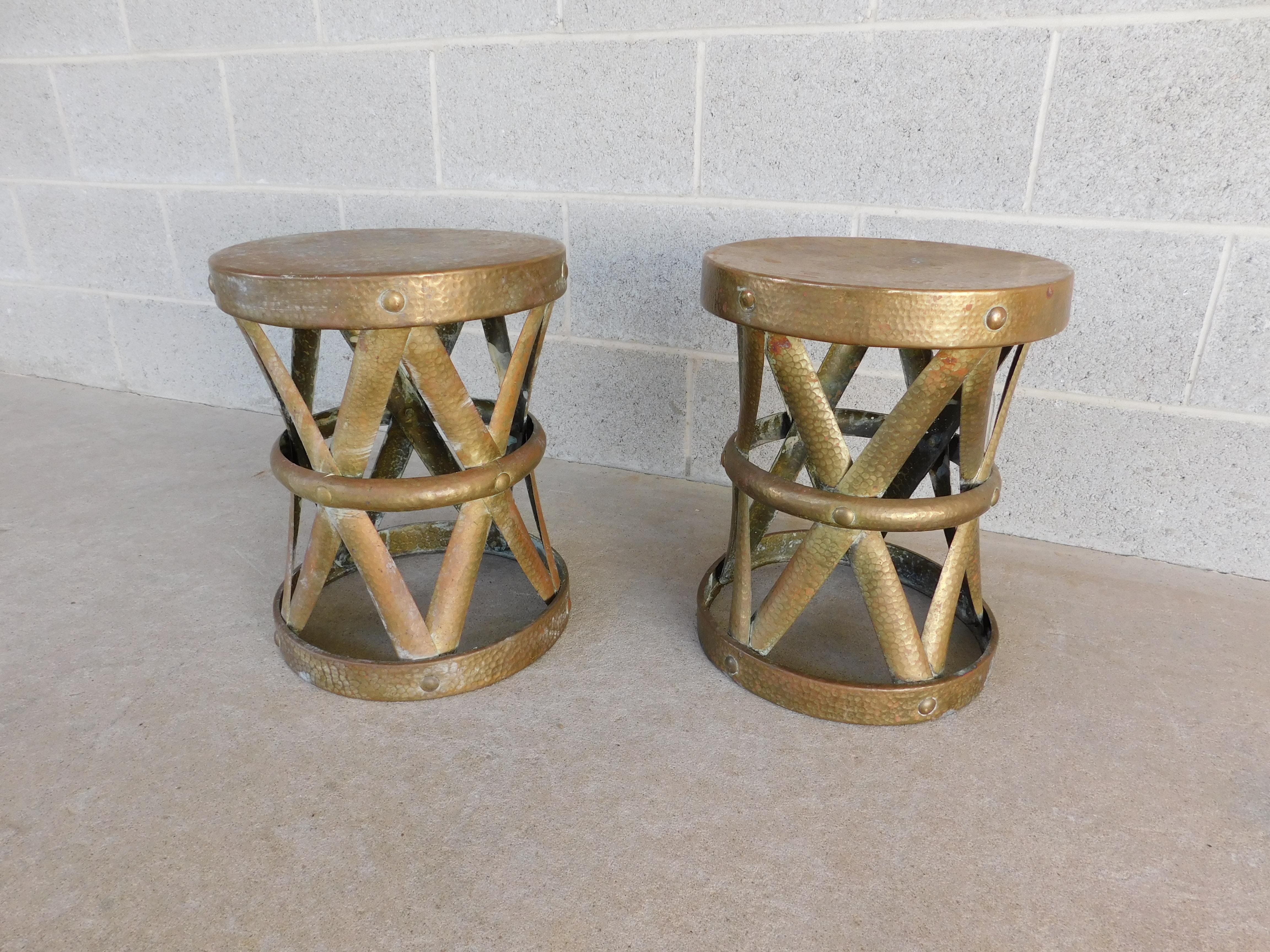 Mid-Century Modern Mid-Century Hammered Brass Accent Tables or Stools, a Pair For Sale