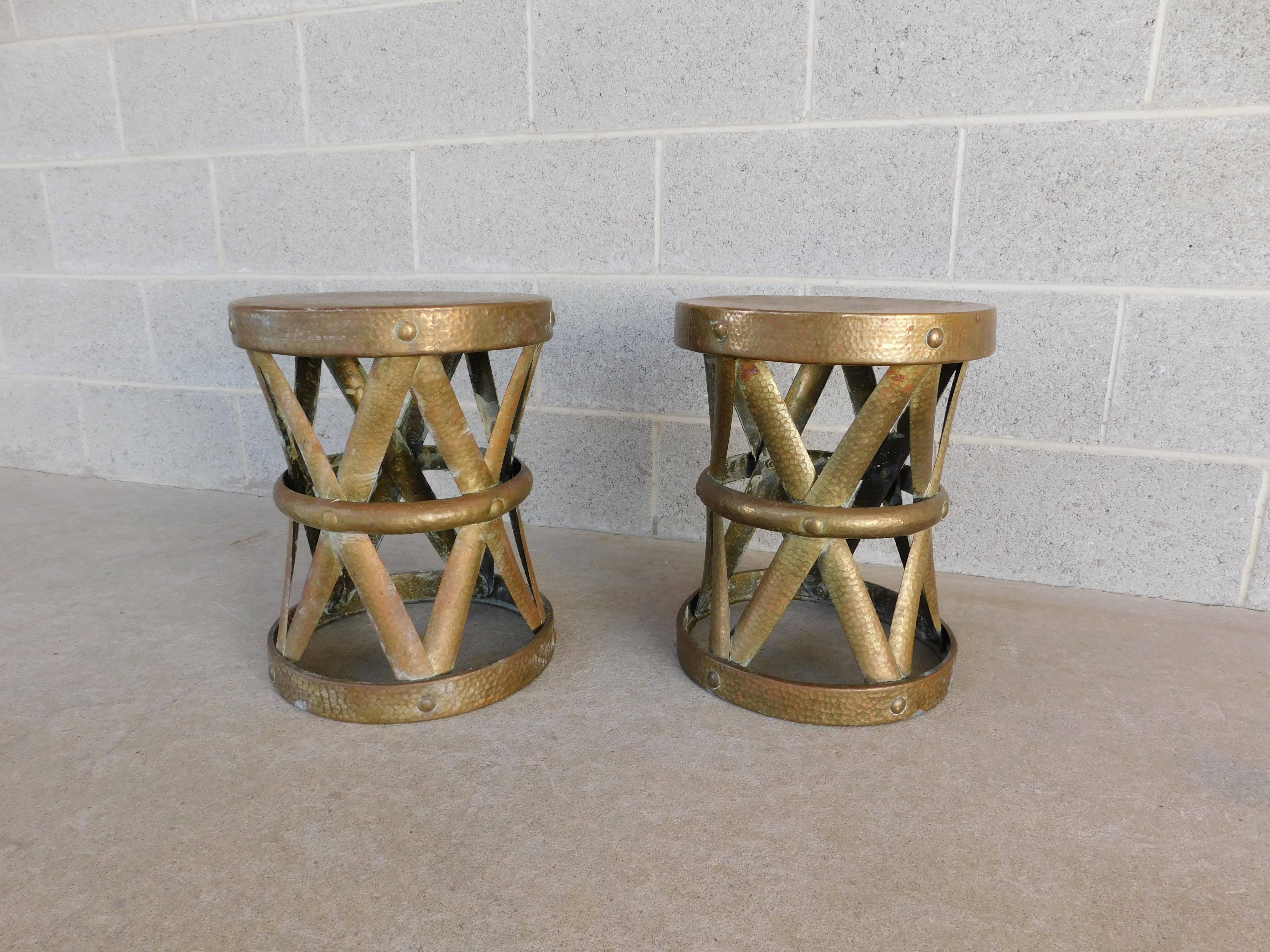 Mid-Century Hammered Brass Accent Tables or Stools, a Pair In Good Condition For Sale In Parkesburg, PA
