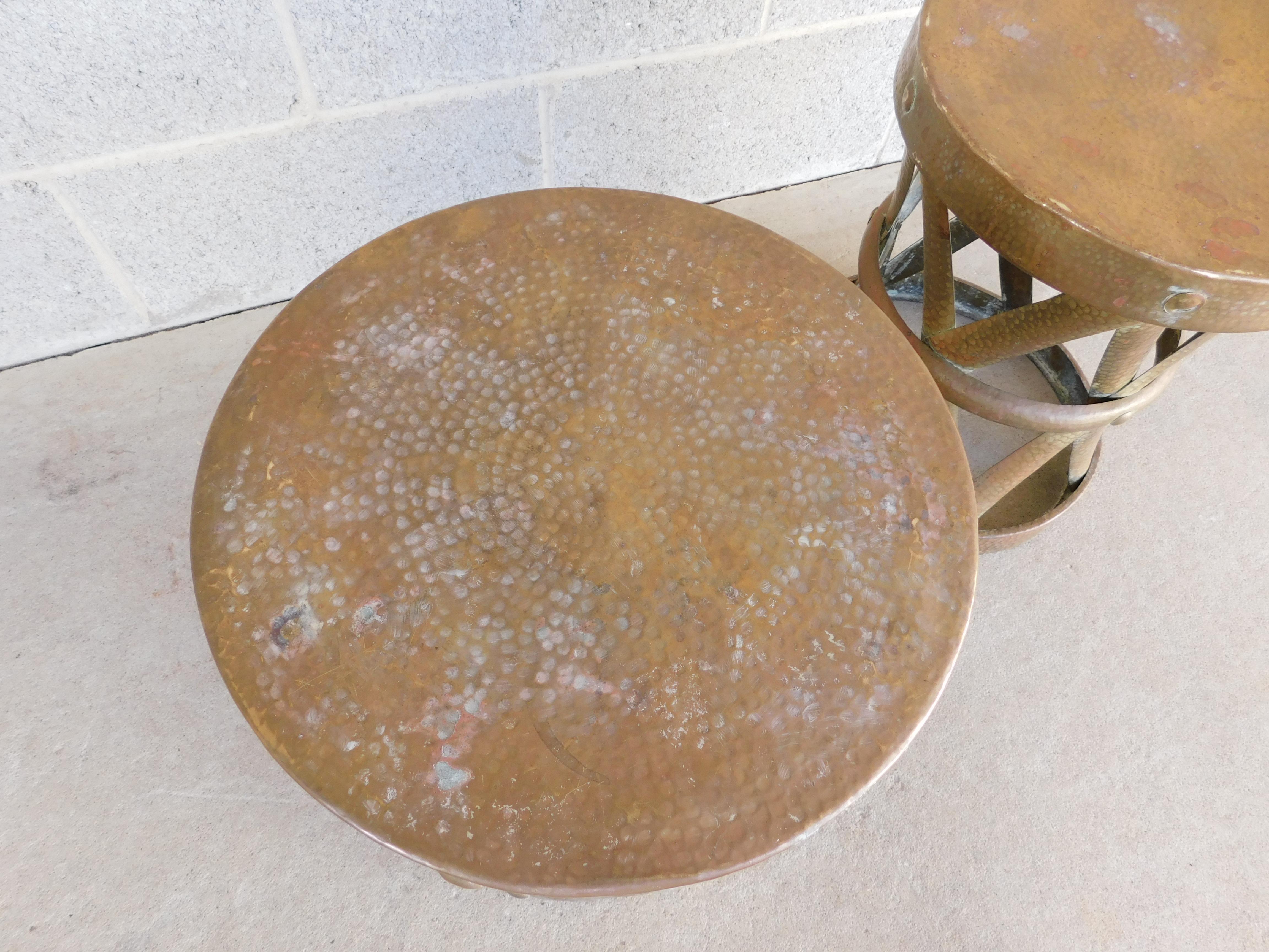 20th Century Mid-Century Hammered Brass Accent Tables or Stools, a Pair For Sale