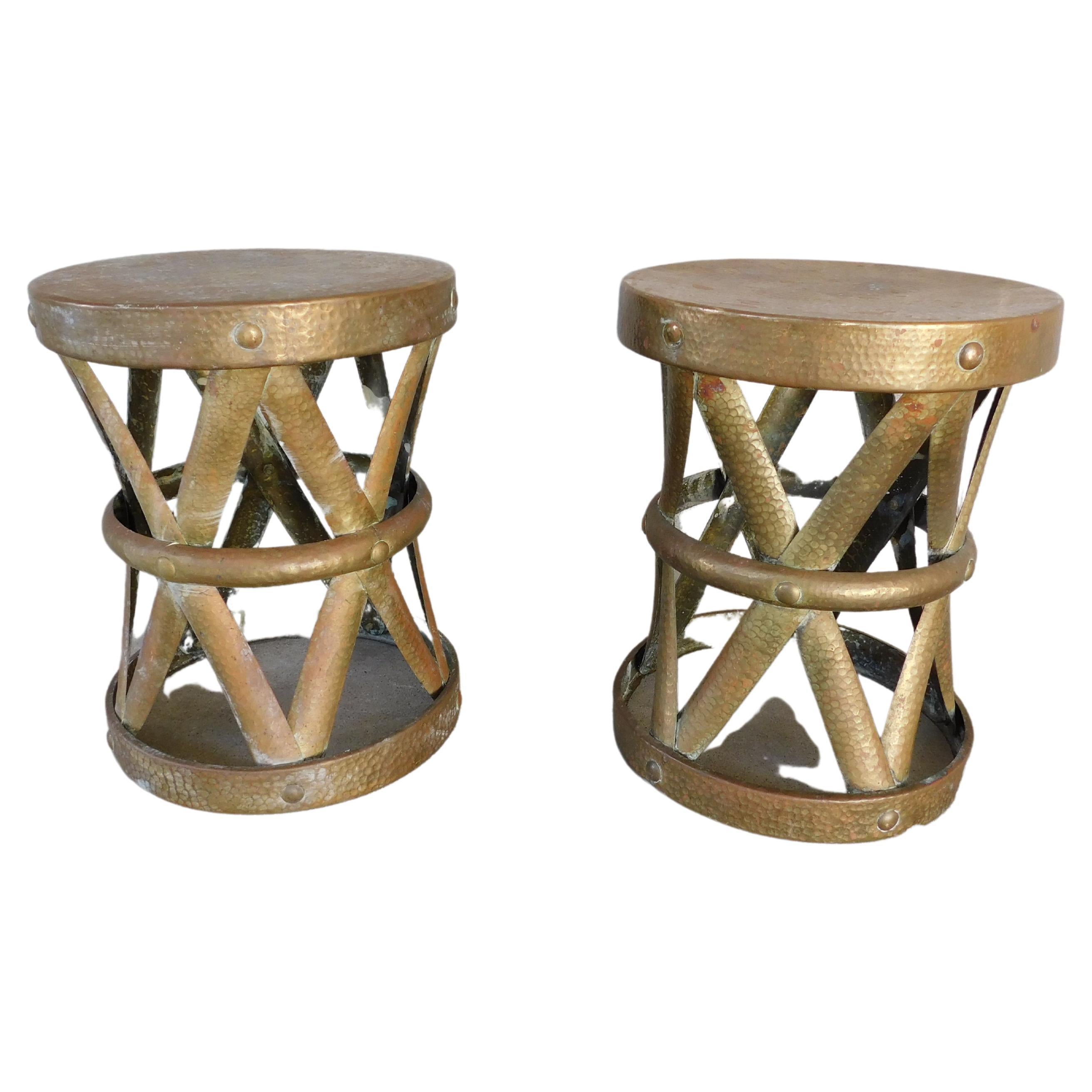 Mid-Century Hammered Brass Accent Tables or Stools, a Pair
