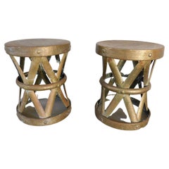 Retro Mid-Century Hammered Brass Accent Tables or Stools, a Pair