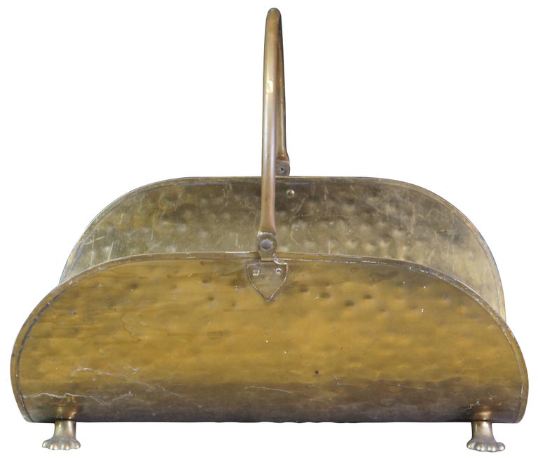 Mid Century Hammered Brass Claw Foot Fireplace Wood Log Holder Basket For Sale at 1stDibs