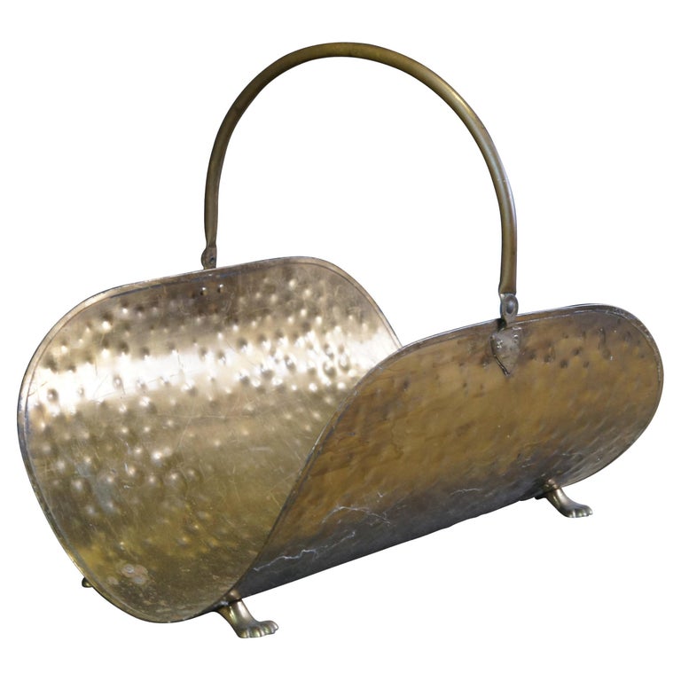 Mid Century Hammered Brass Claw Foot Fireplace Wood Log Holder Basket For Sale at 1stDibs