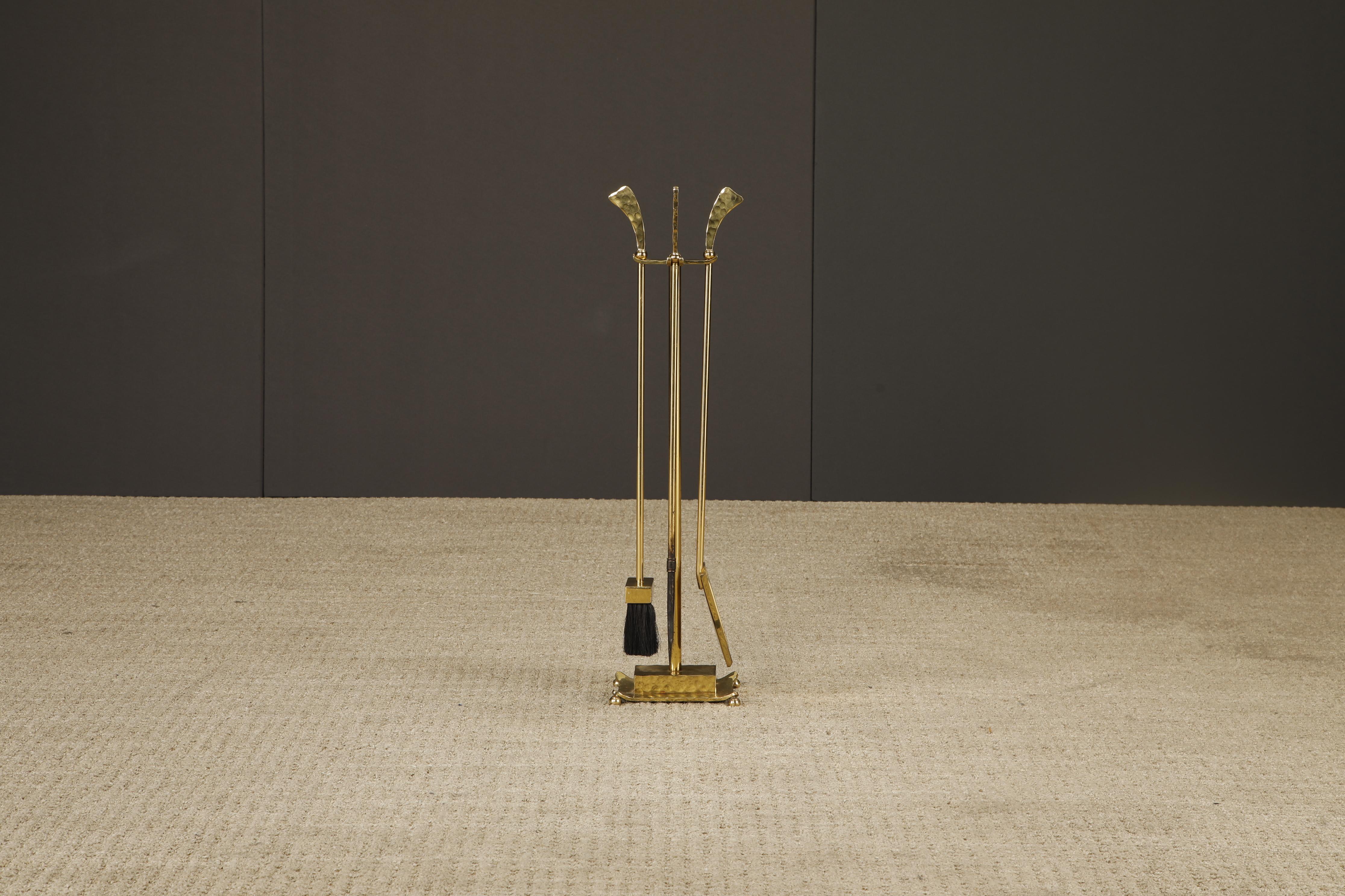 Mid-Century Hammered Brass Fireplace Tool Set with Curved Handles and Ball Feet For Sale 6