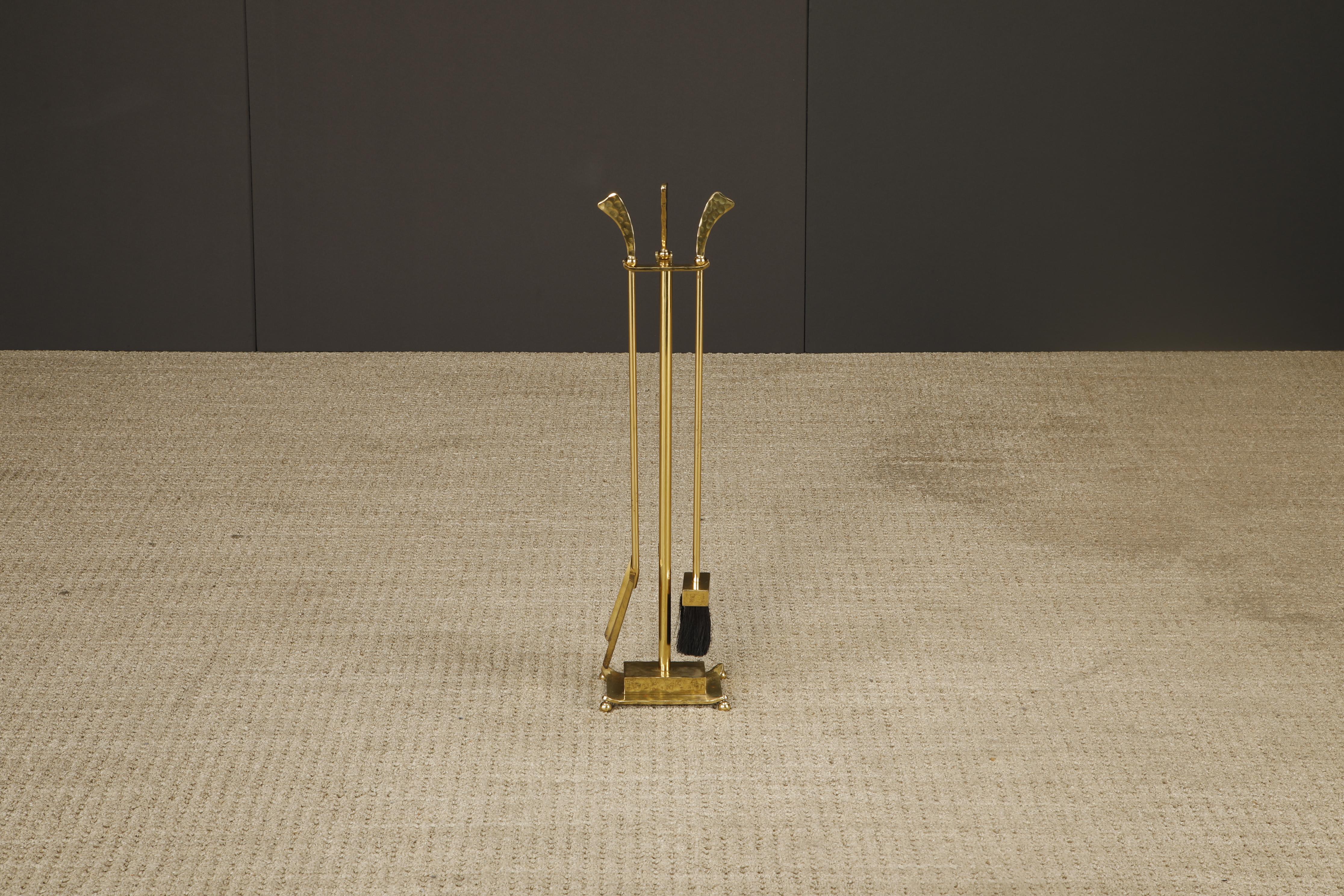 Mid-Century Modern Mid-Century Hammered Brass Fireplace Tool Set with Curved Handles and Ball Feet For Sale