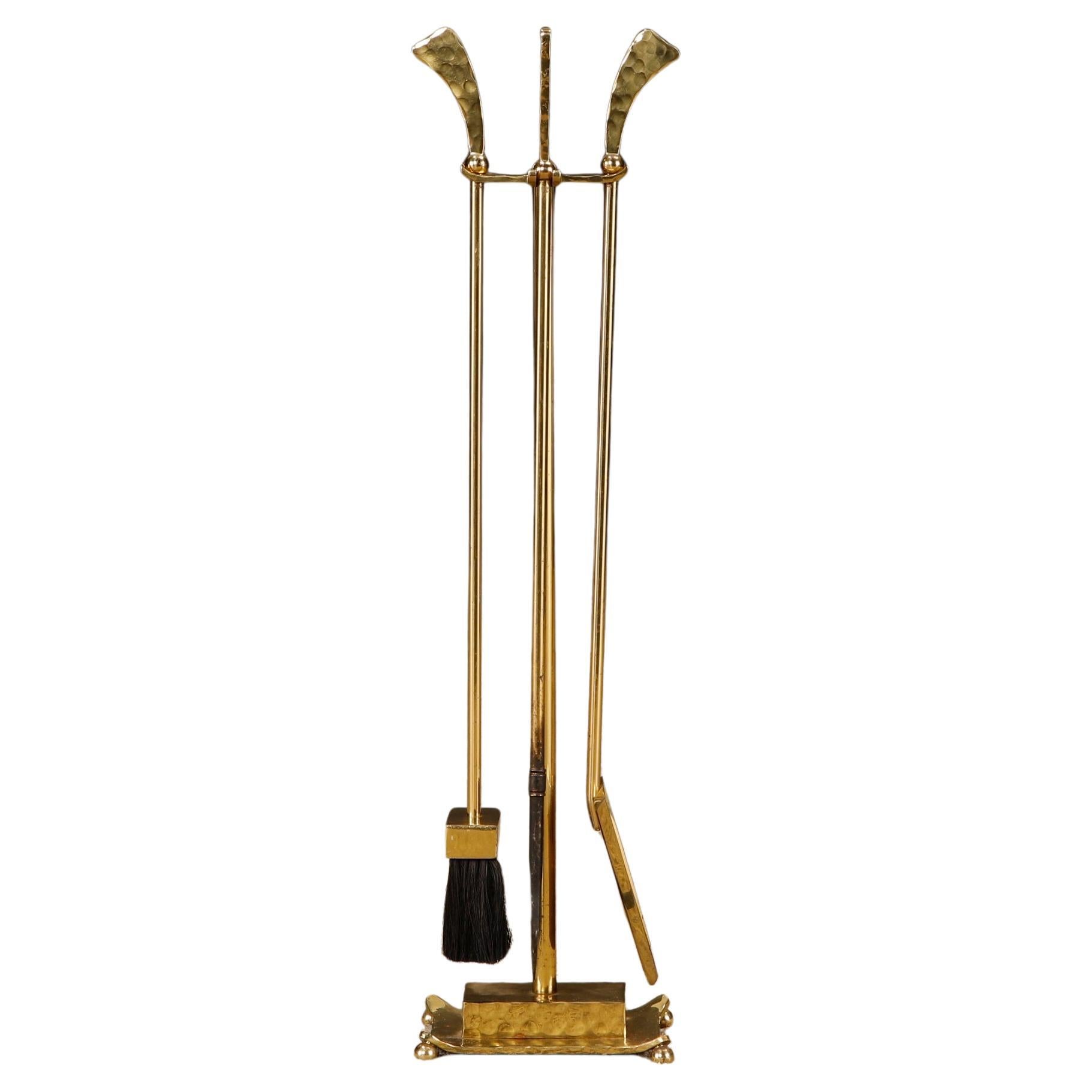 Mid-Century Hammered Brass Fireplace Tool Set with Curved Handles and Ball Feet