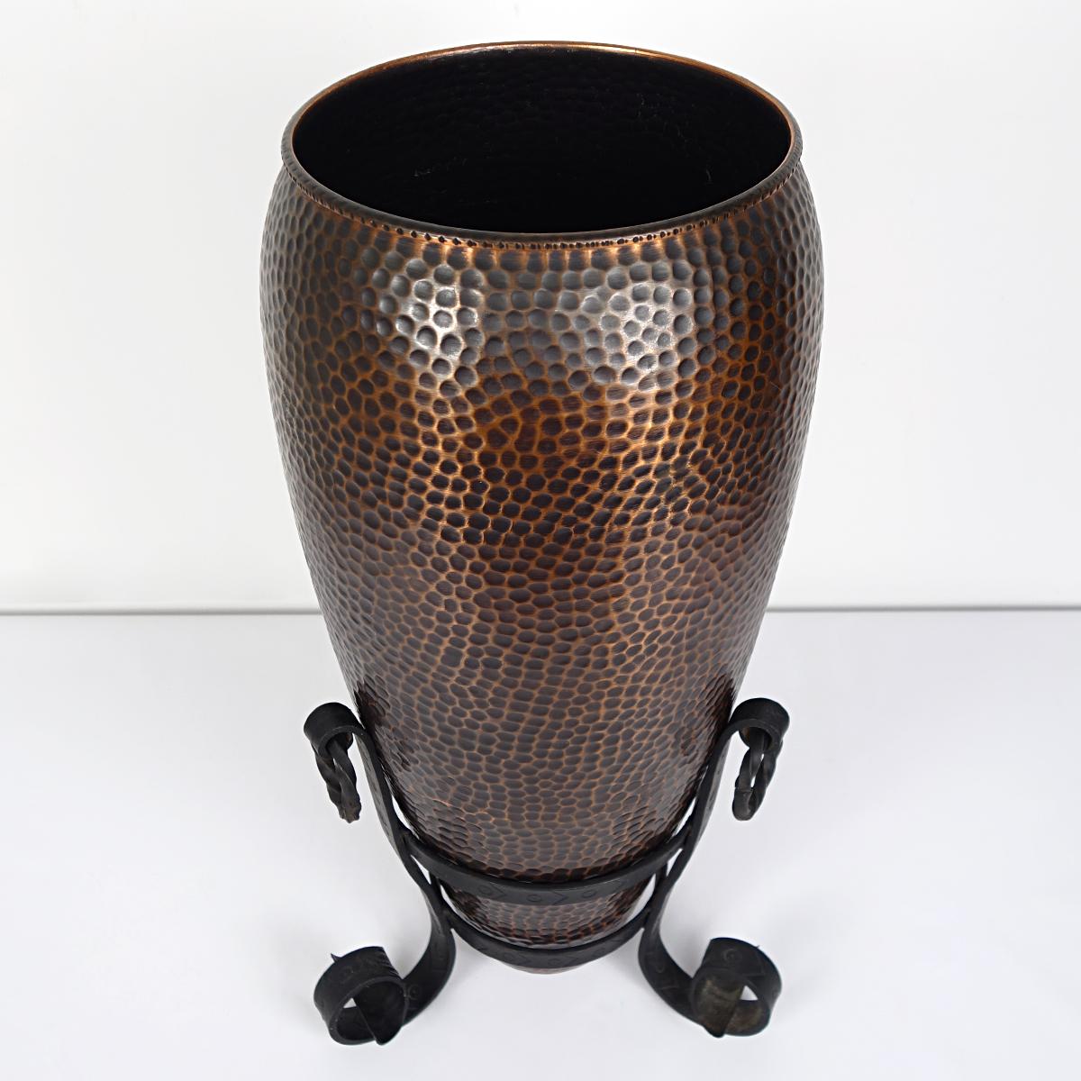 Mid-Century Modern Mid-Century Hammered Copper Umbrella Stand on Cast Iron Base For Sale