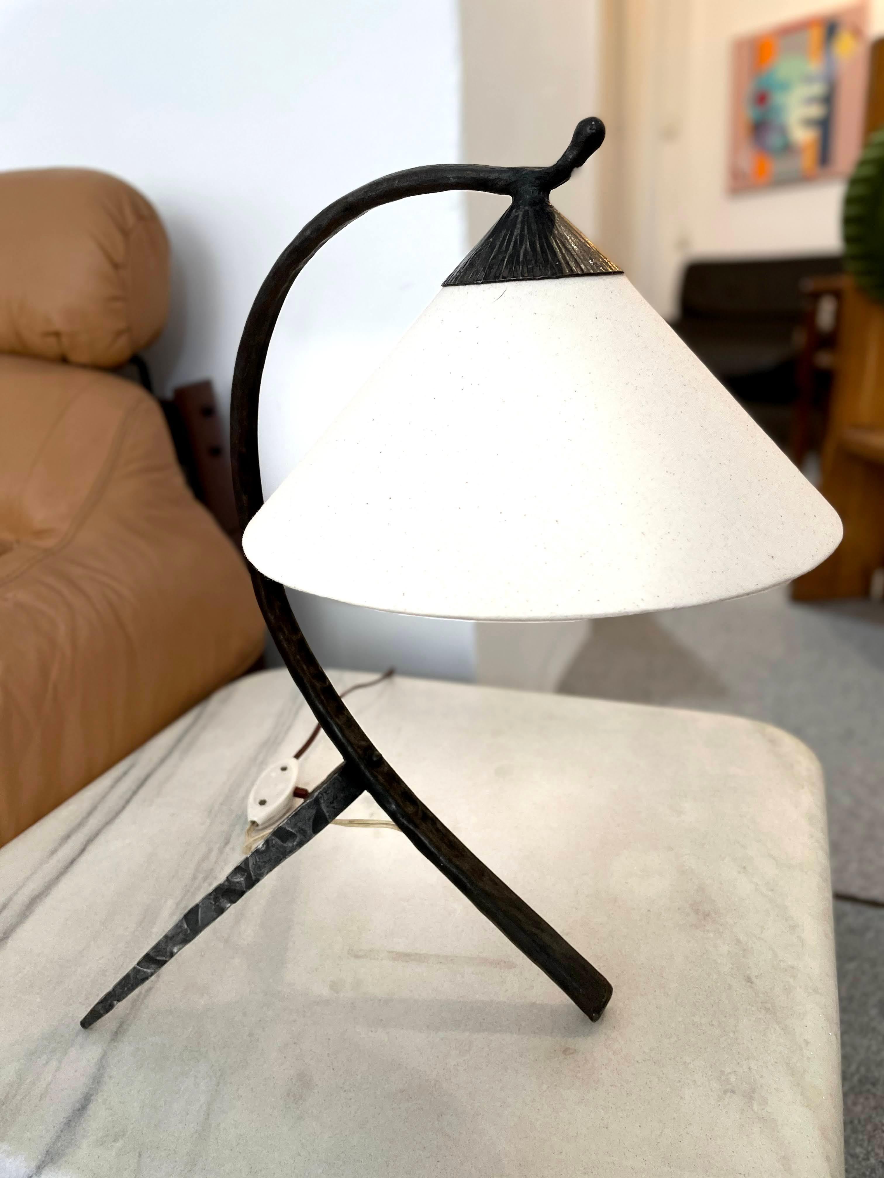 20th Century Midcentury Hammered Iron Tripod Table Lamp, 1950s, Hungary