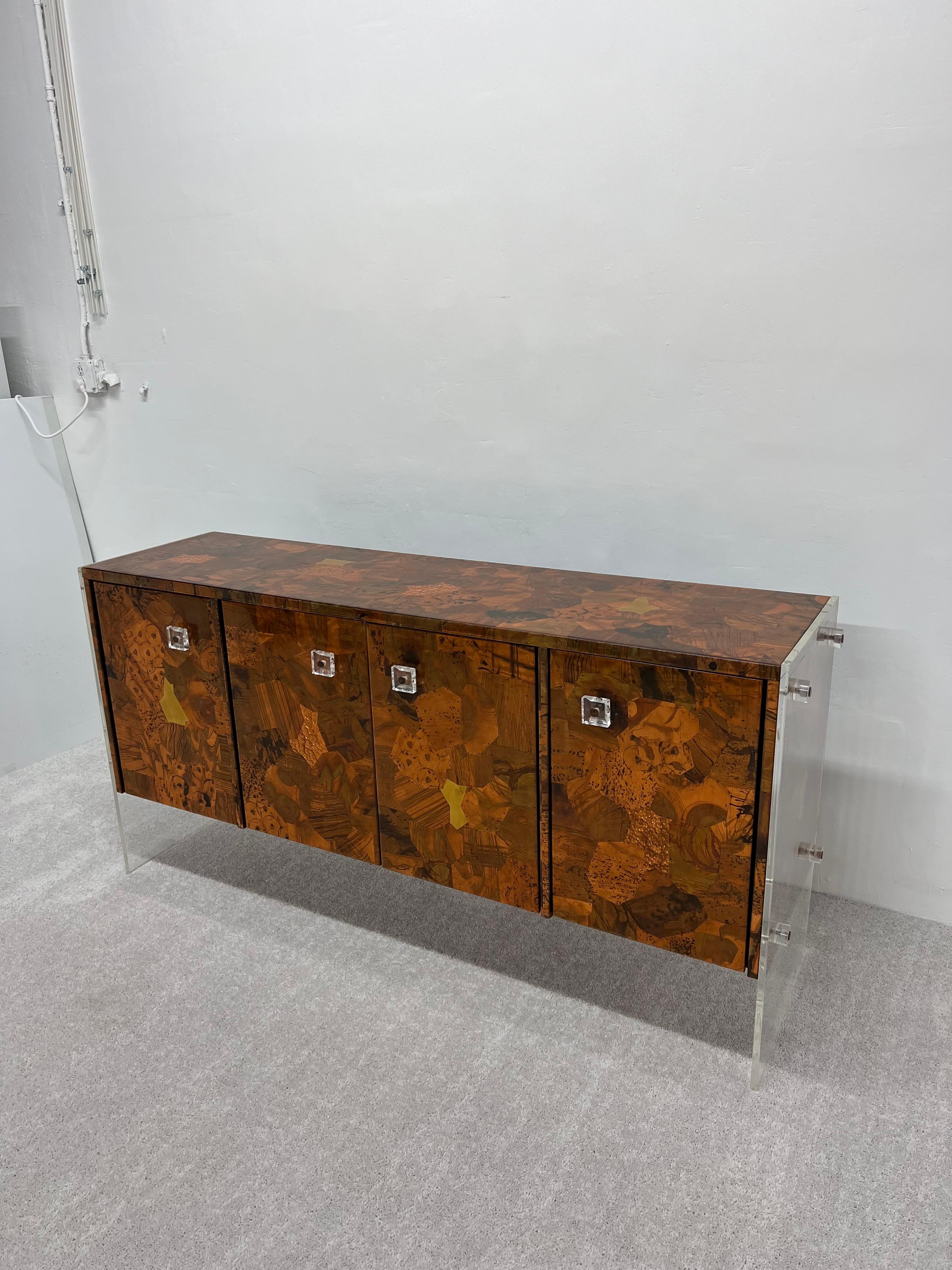 American Mid-Century Hammered Patchwork Copper and Lucite Credenza or Sideboard, 1970s