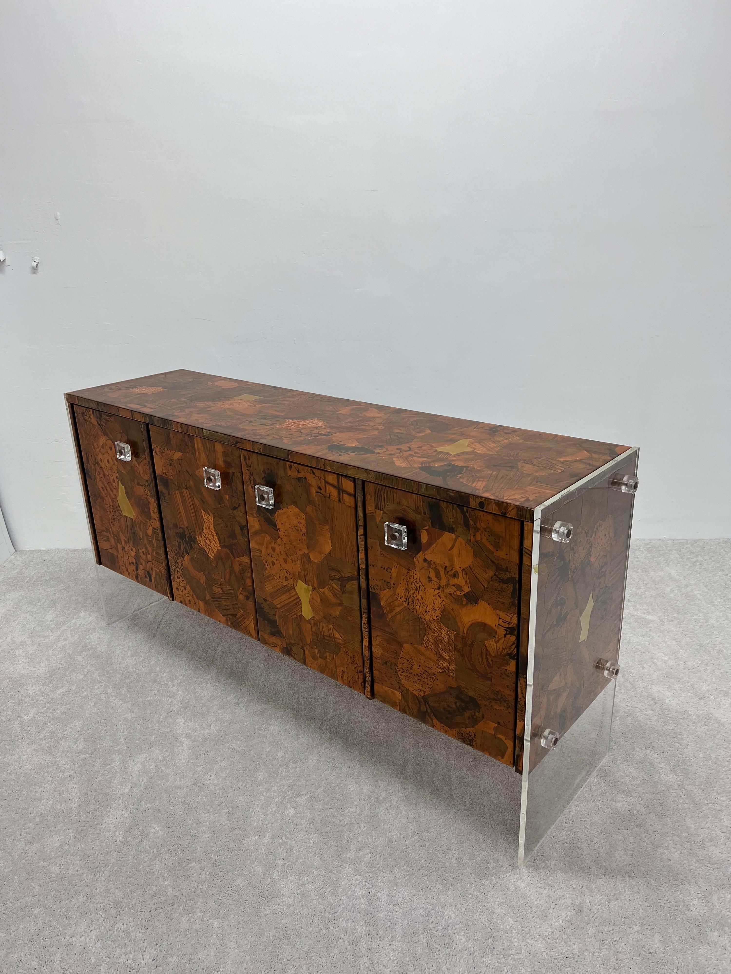 20th Century Mid-Century Hammered Patchwork Copper and Lucite Credenza or Sideboard, 1970s