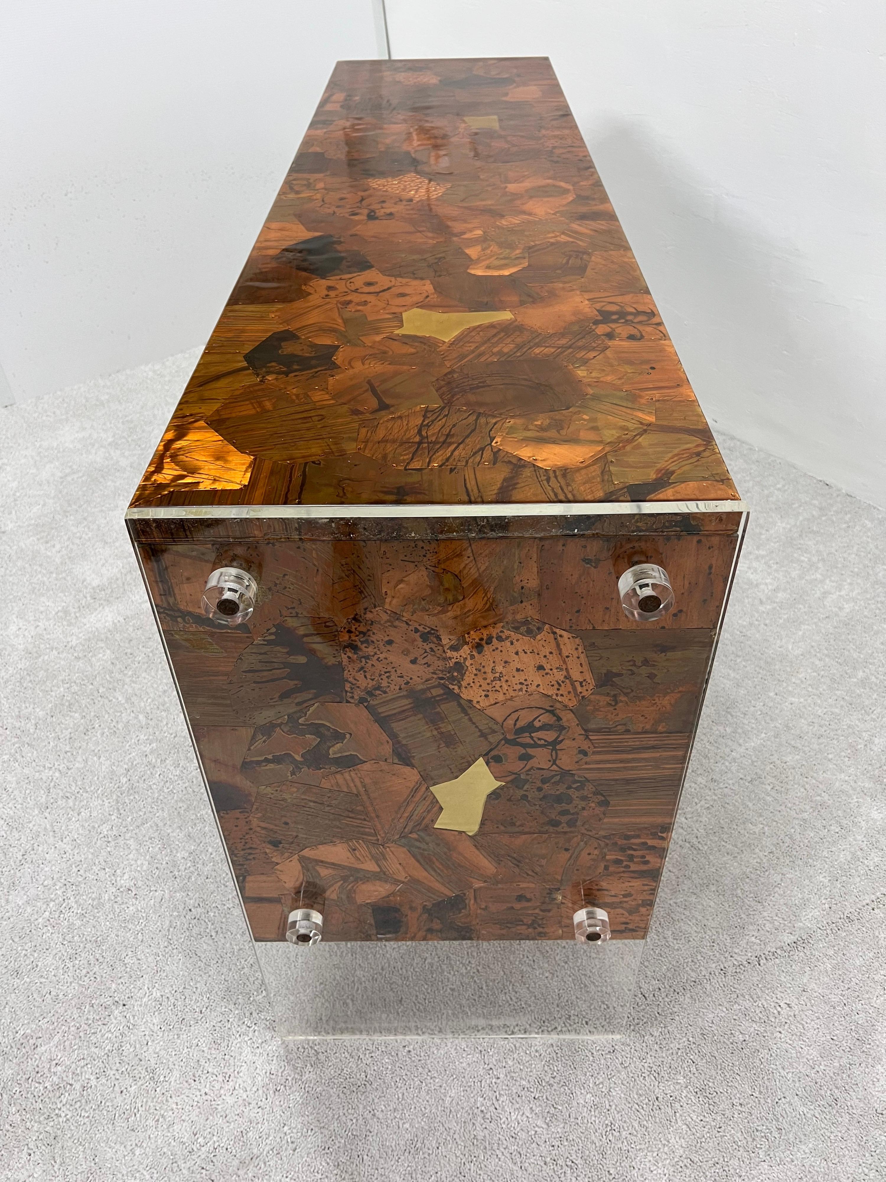 Mid-Century Hammered Patchwork Copper and Lucite Credenza or Sideboard, 1970s 2