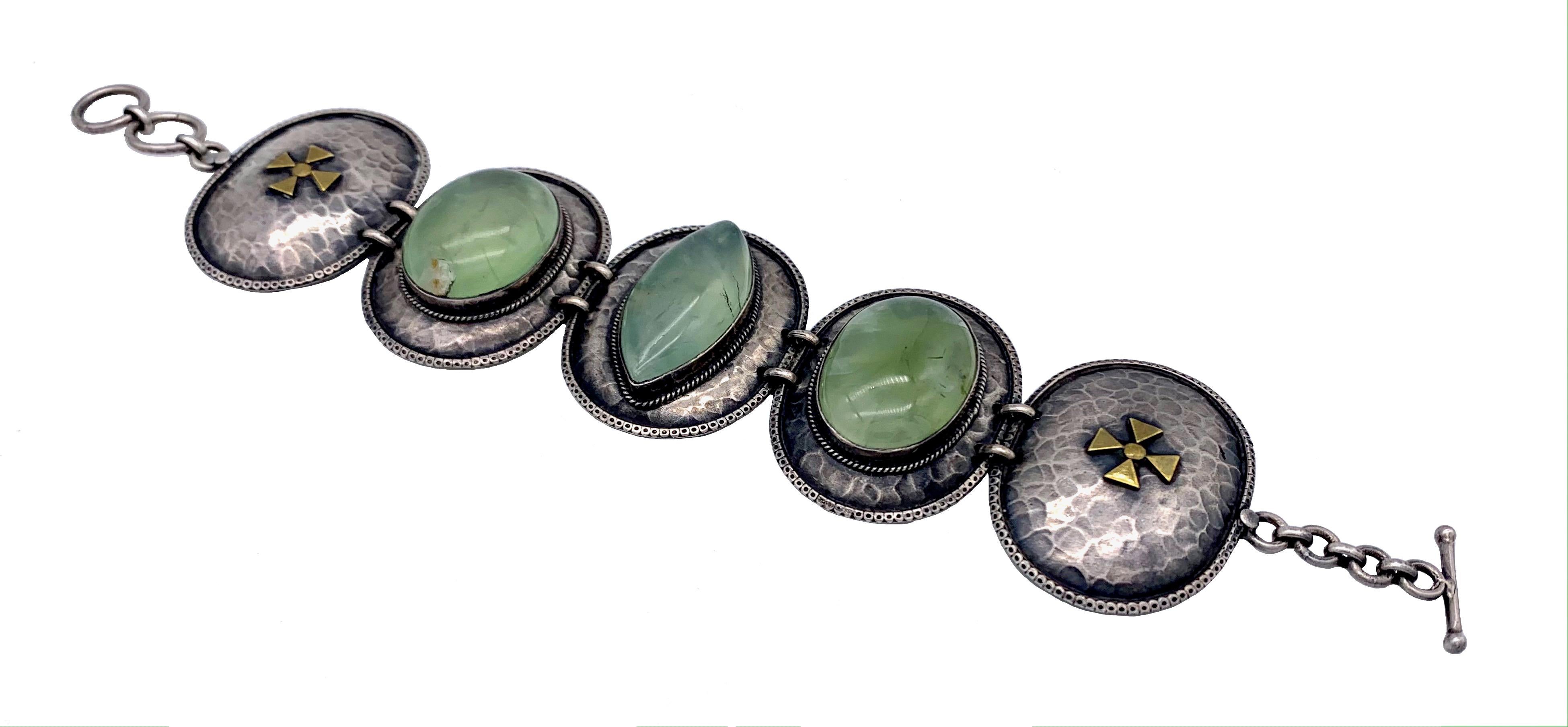 Modernist Mid-Century Hammered Silver Link Brass Bracelet Green Hardstones Maltese Cross For Sale