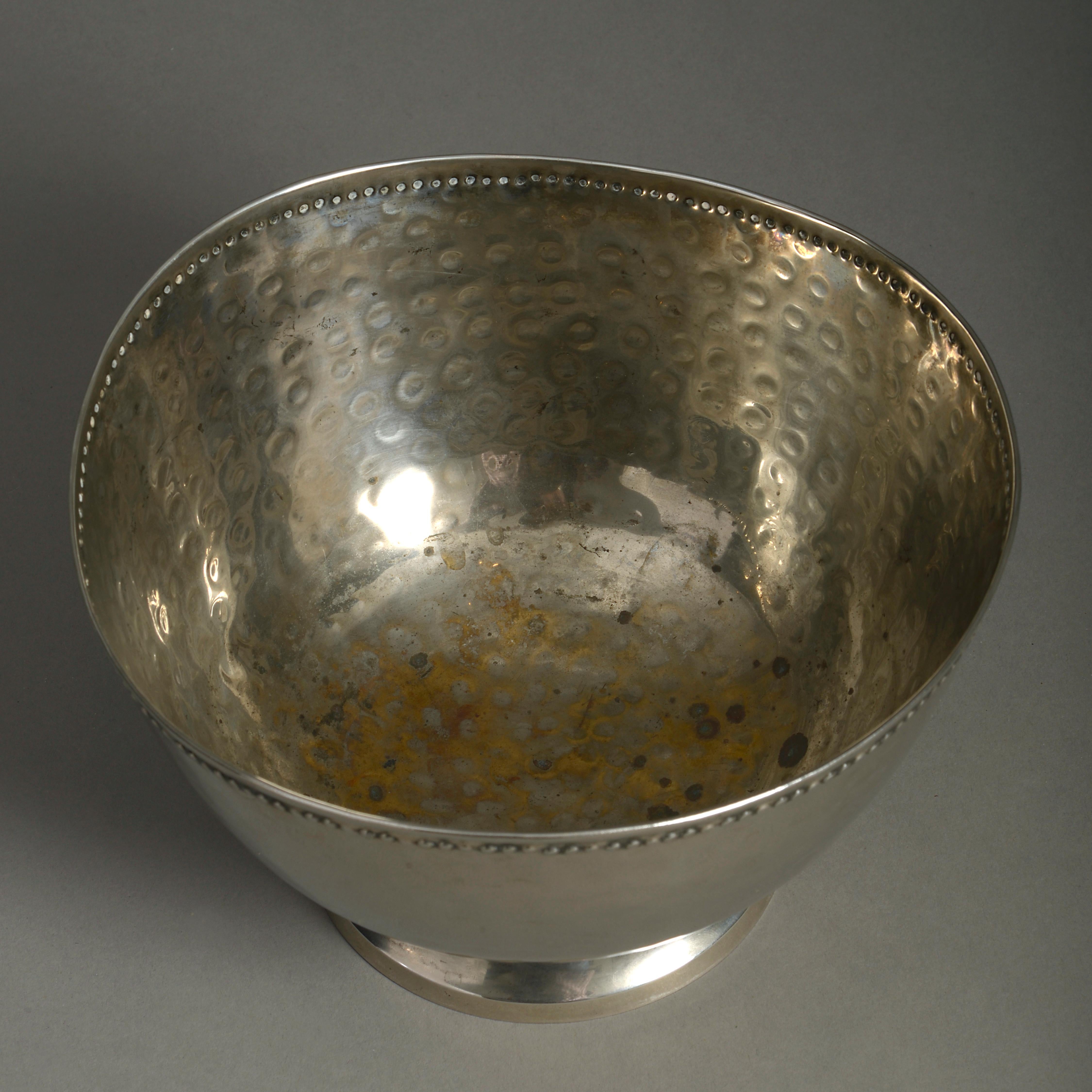 Arts and Crafts Midcentury Hammered Silvered Bowl For Sale