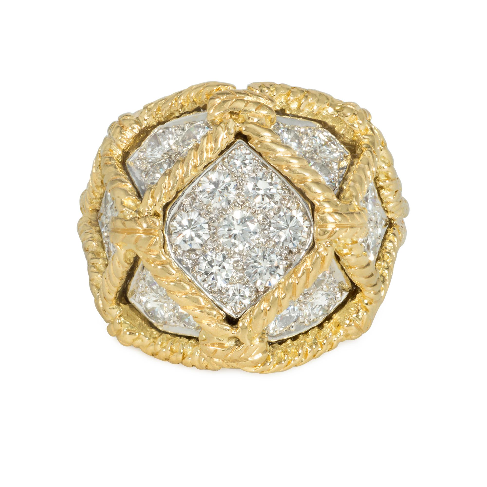 A mid-century gold and diamond cocktail ring of macramé design, comprising knotted gold rope overlaying pavé diamond panels in a lattice pattern, in platinum and 18k.  Hammerman Bros.  Atw 1.70 cts.  A uniquely eye-catching take on the nautical