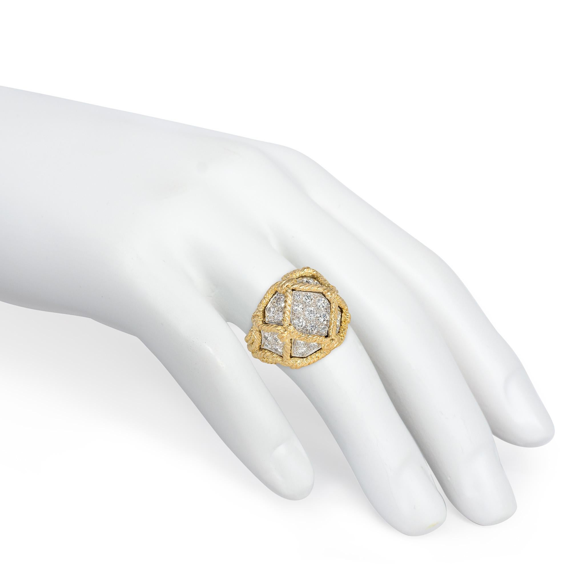 Modern Mid-Century Hammerman Bros. Gold and Diamond Cocktail Ring of Lattice Design For Sale